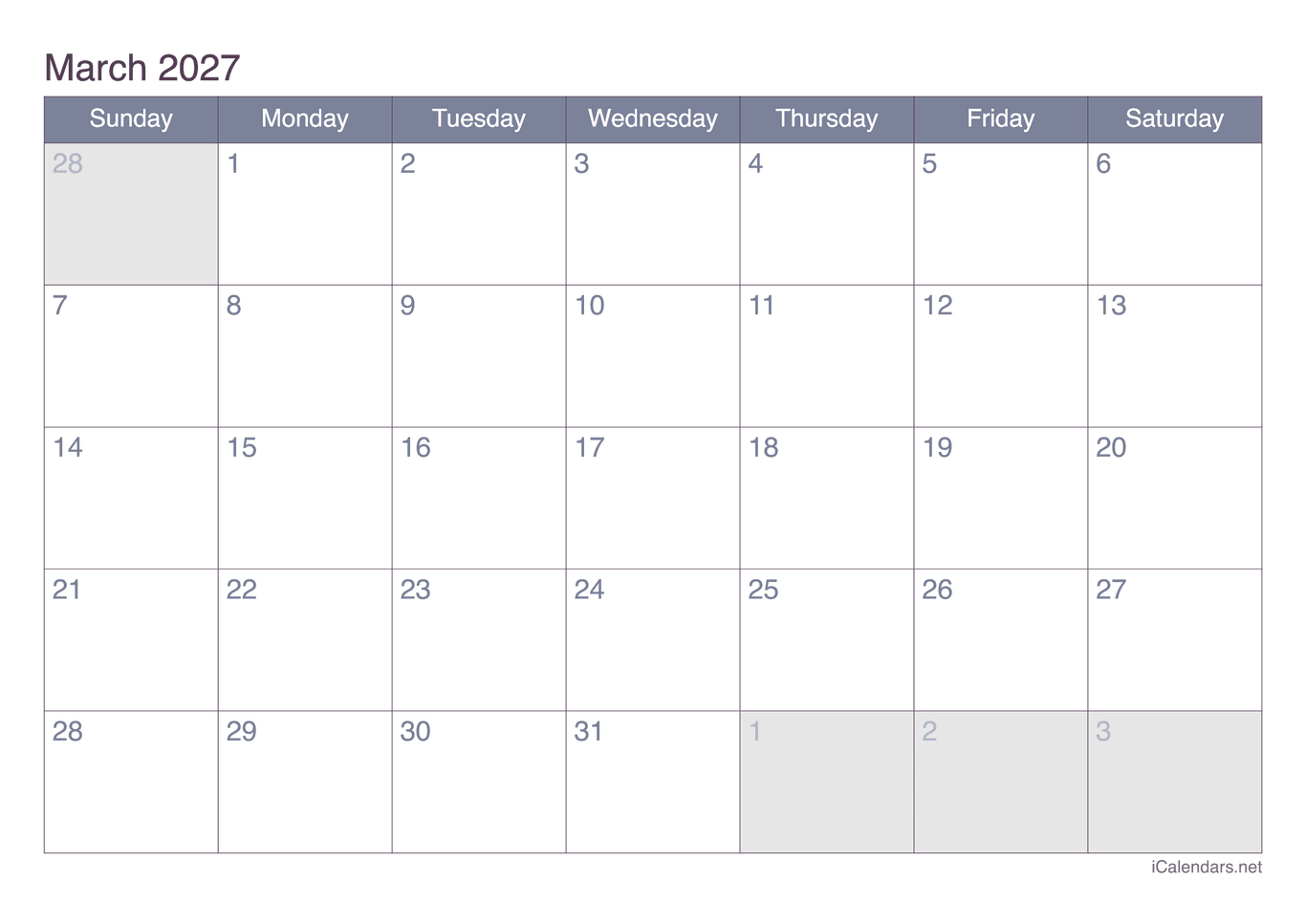 2027 March Calendar - Office