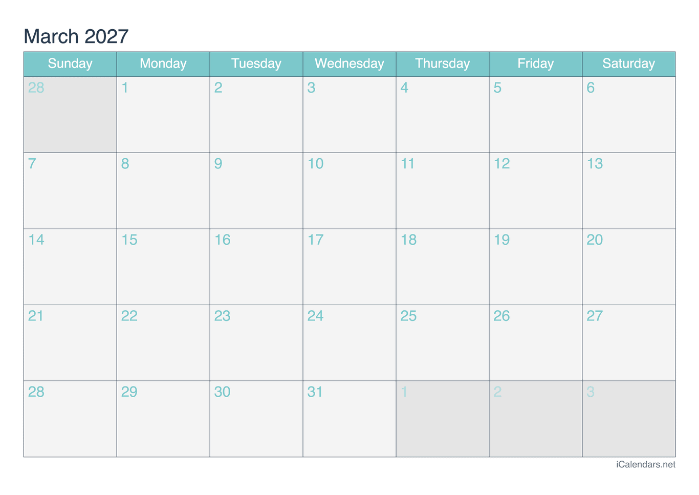 2027 March Calendar - Turquoise