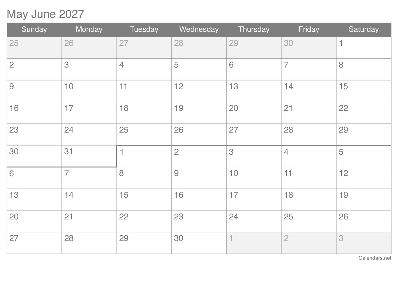 2027 May June Calendar