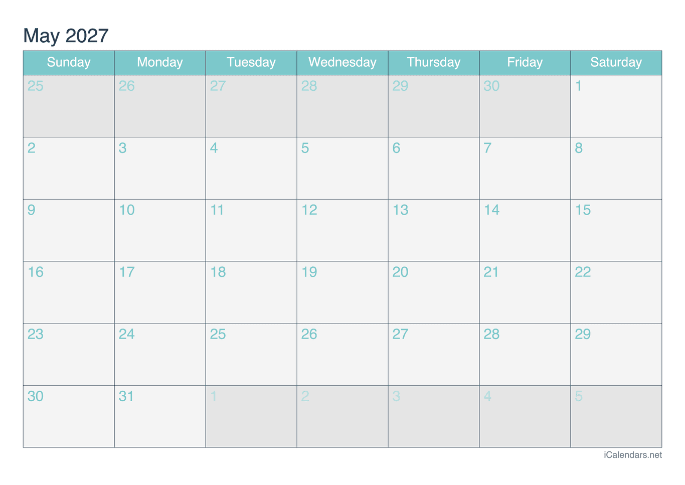 2027 May Calendar - Turquoise