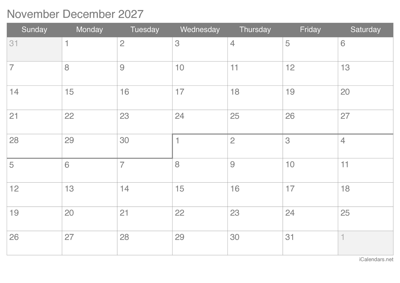 2027 November December Calendar