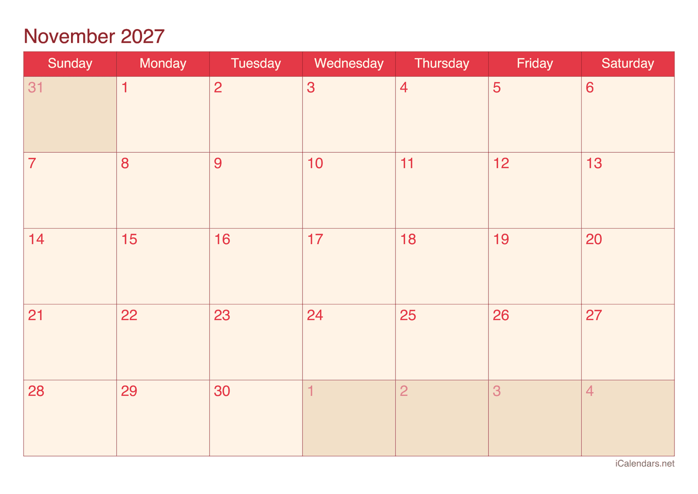 2027 November Calendar - Cherry