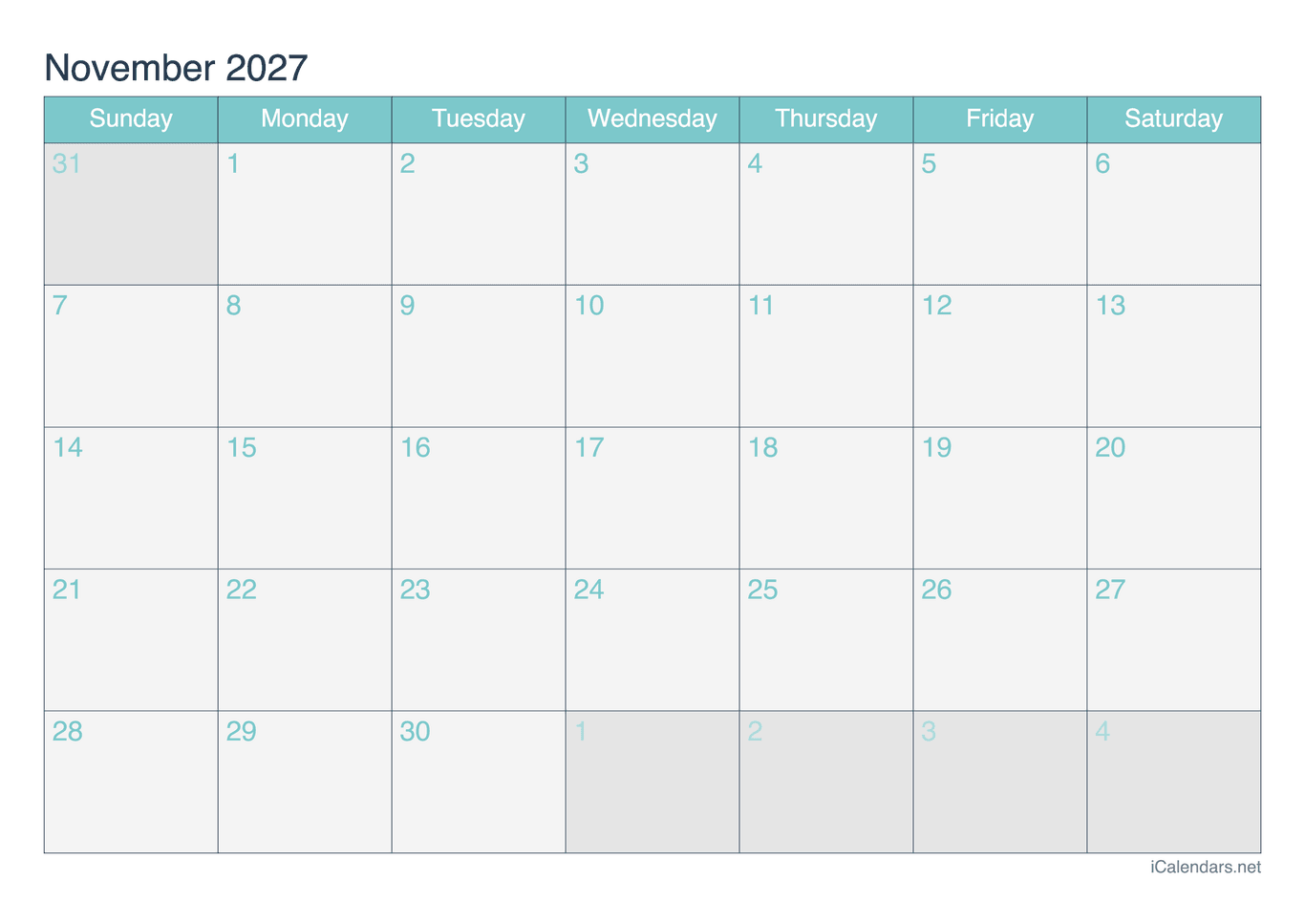 2027 November Calendar - Turquoise
