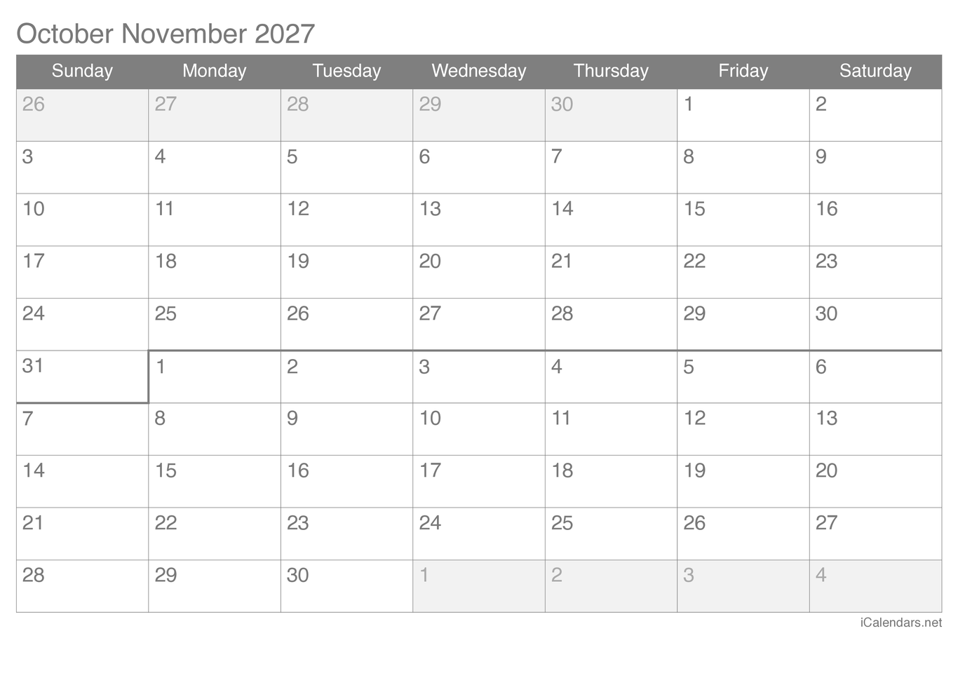 2027 October November Calendar