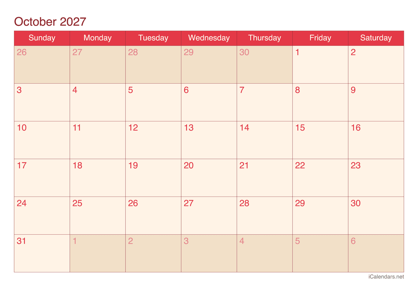 2027 October Calendar - Cherry