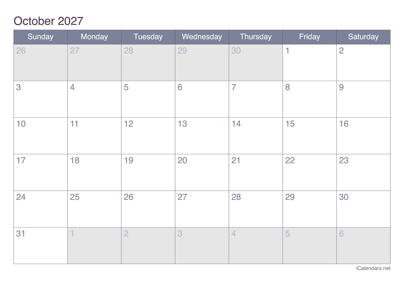 2027 October Calendar - Office