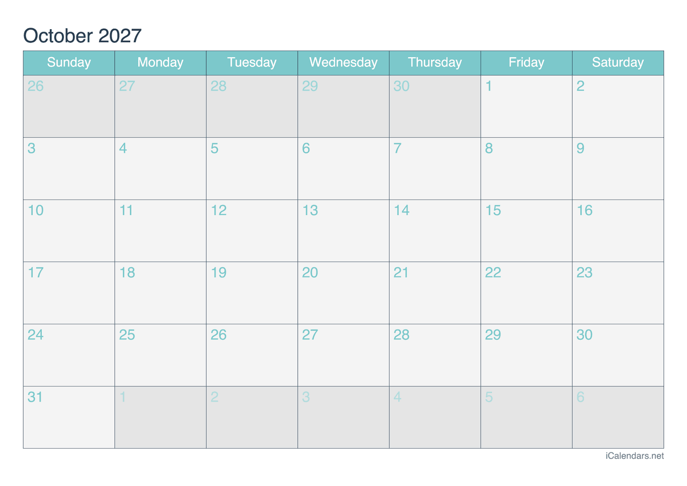 2027 October Calendar - Turquoise