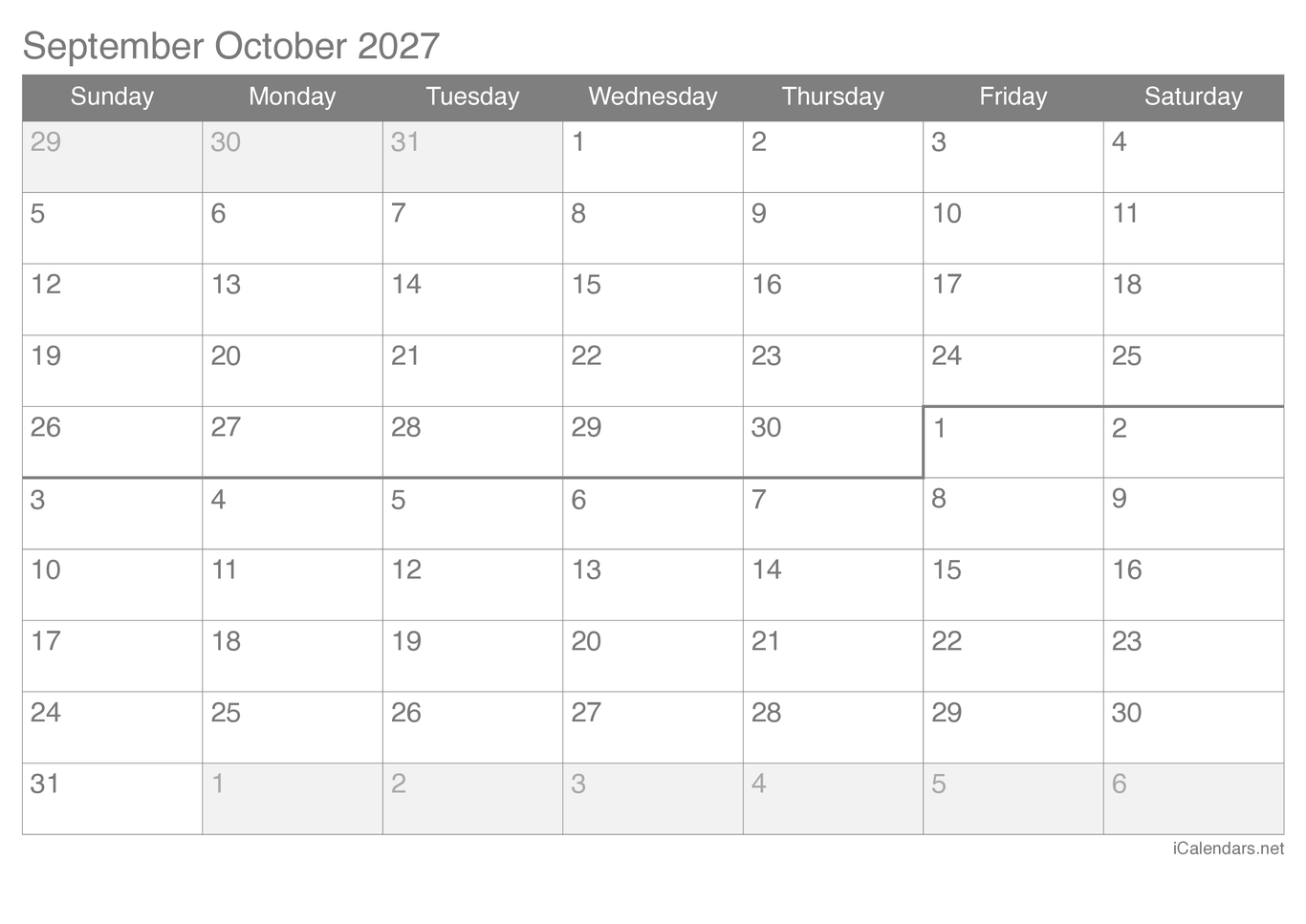 2027 September October Calendar