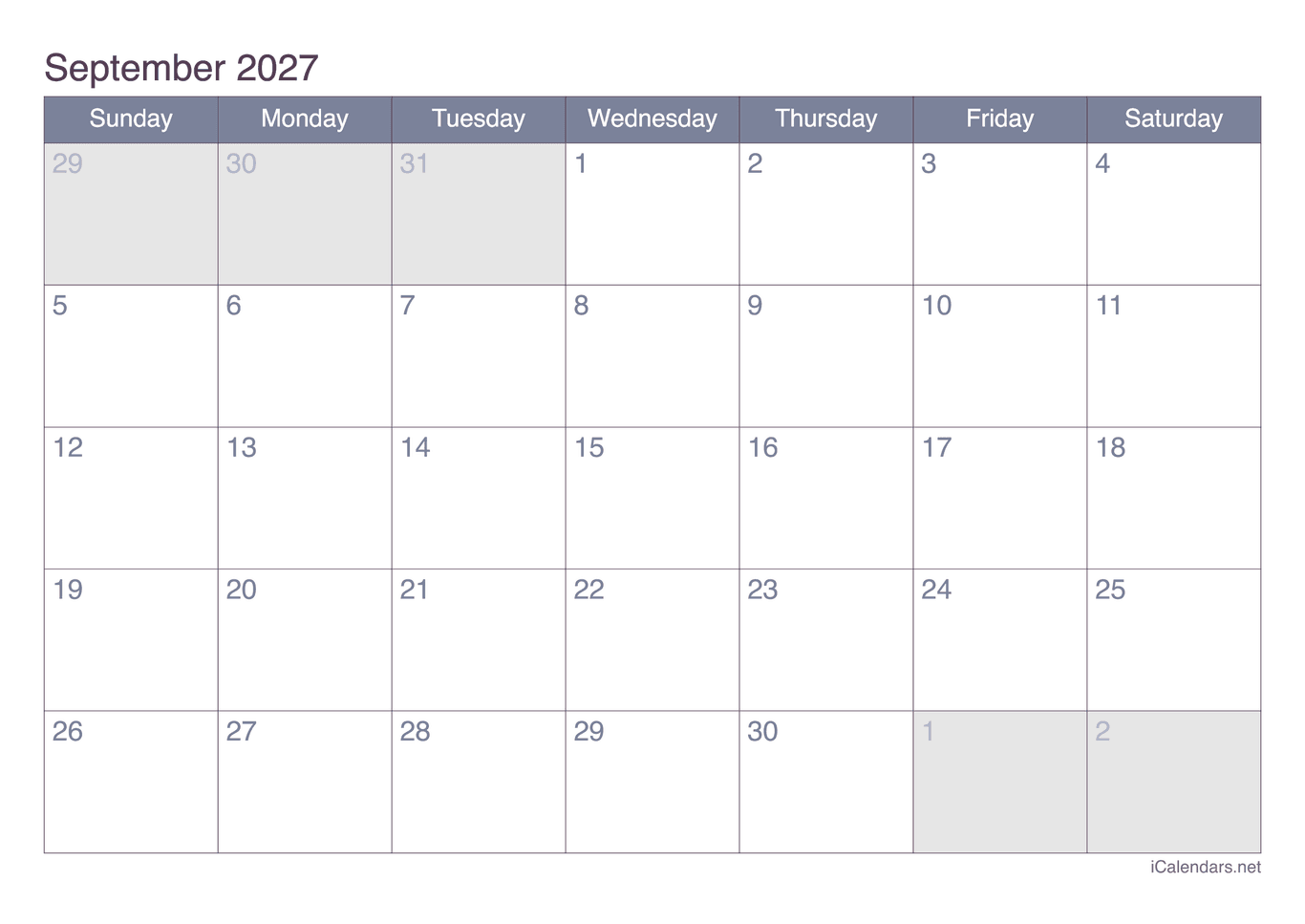 2027 September Calendar - Office