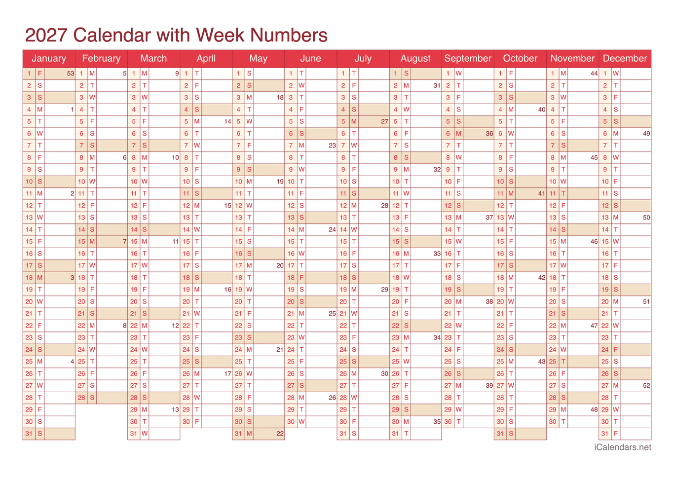 2027 Calendar with week numbers - Cherry