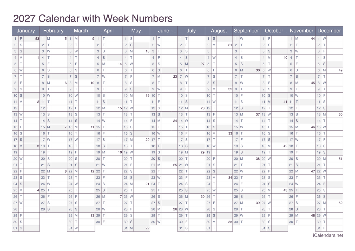 2027 Calendar with week numbers - Office