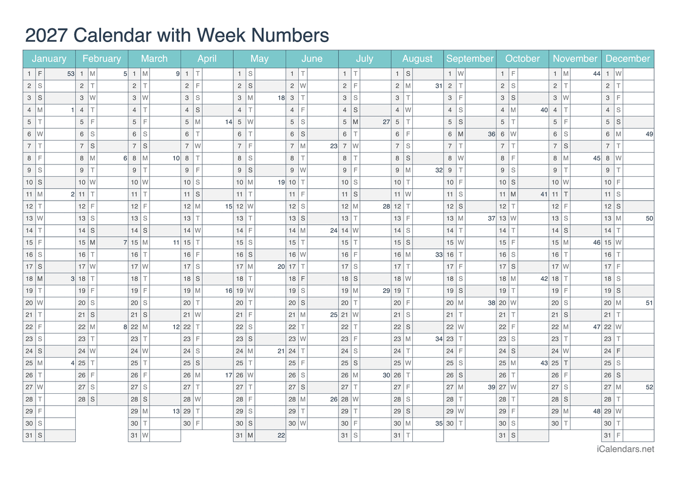 2027 Calendar with week numbers - Turquoise