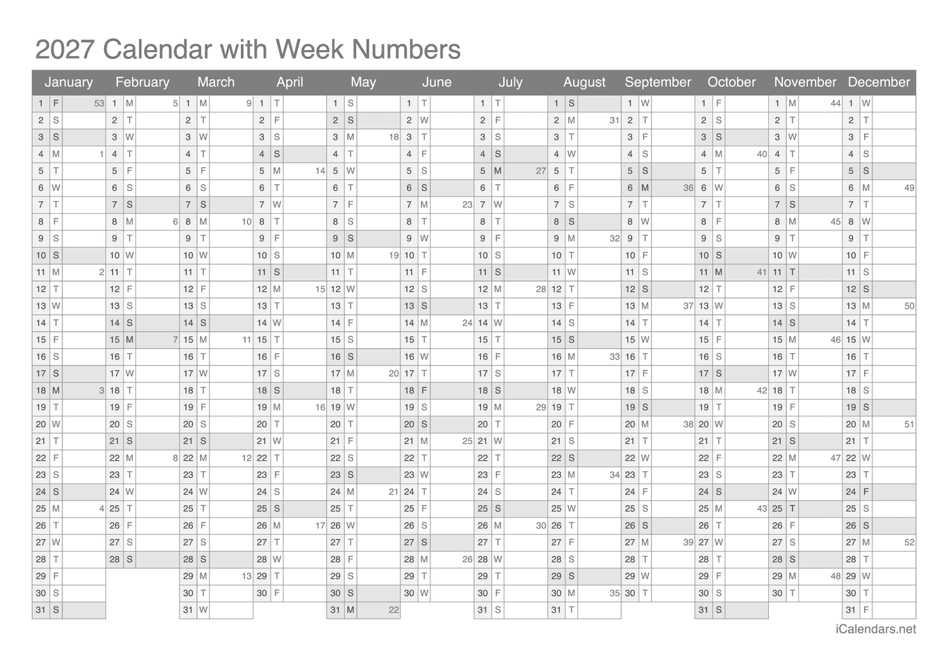 2027 Calendar with week numbers