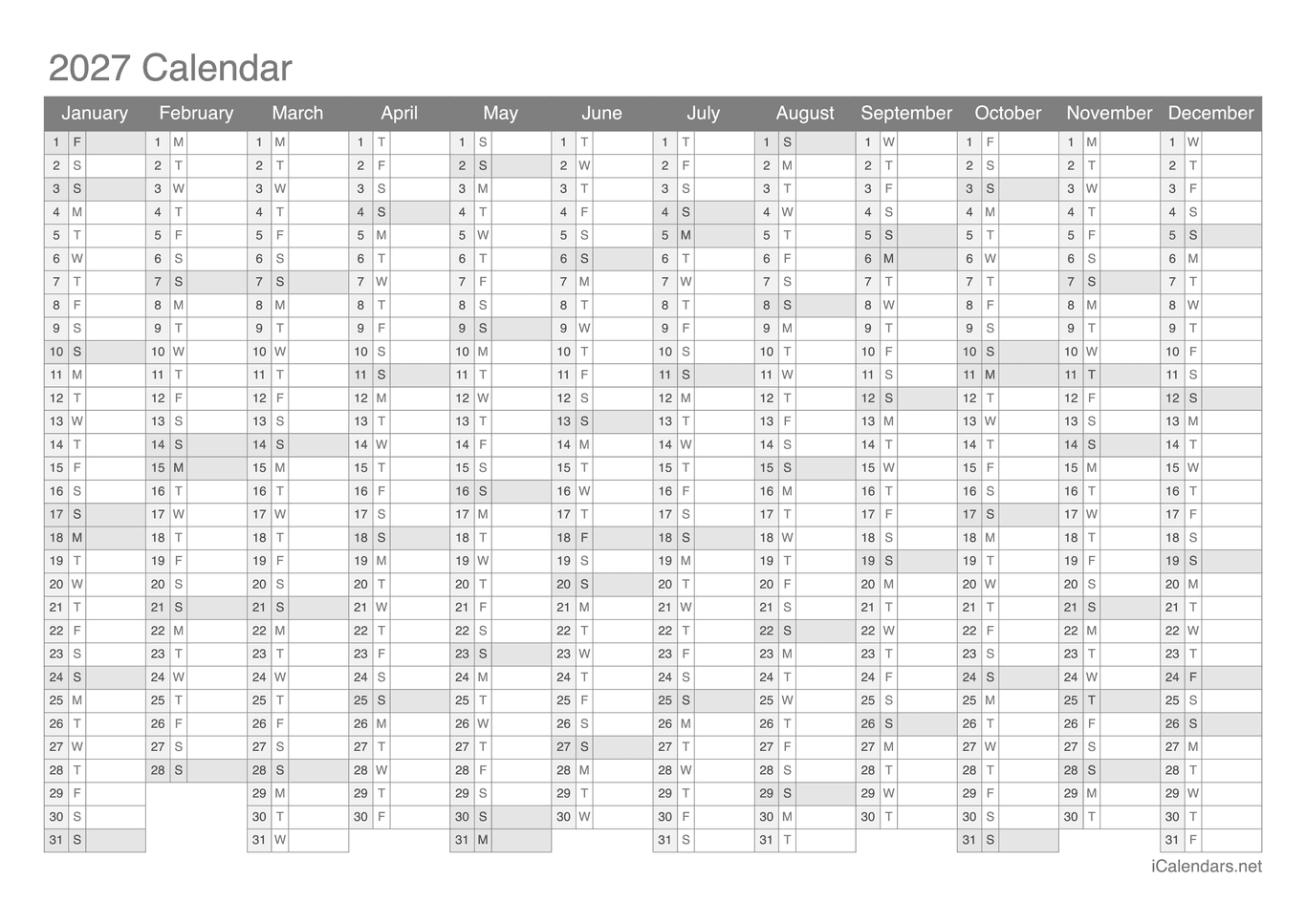 2027 Printable Calendar PDF Or Excel
