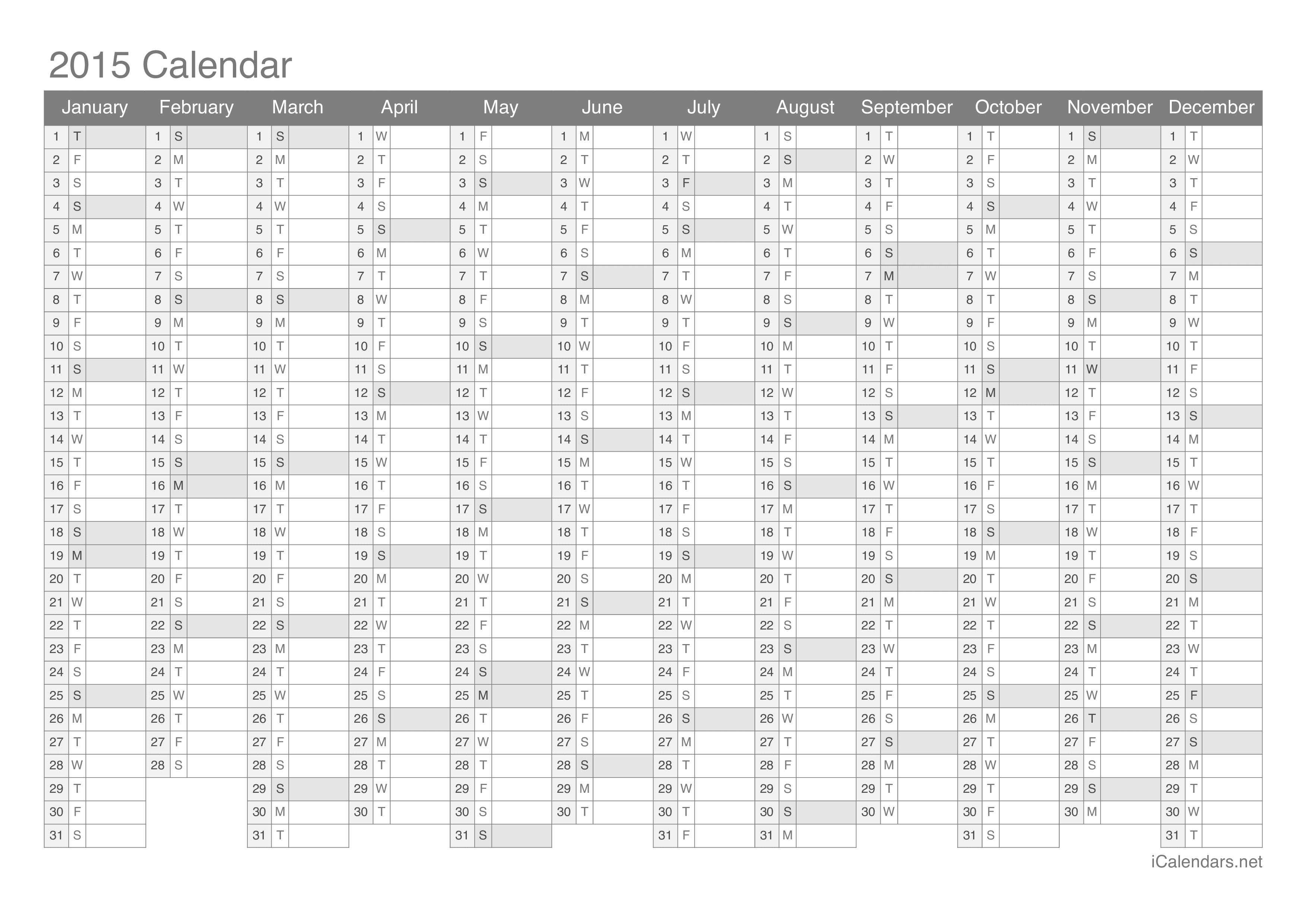 Credential håndflade Brobrygge 2015 Printable Calendar - PDF or Excel - icalendars.net