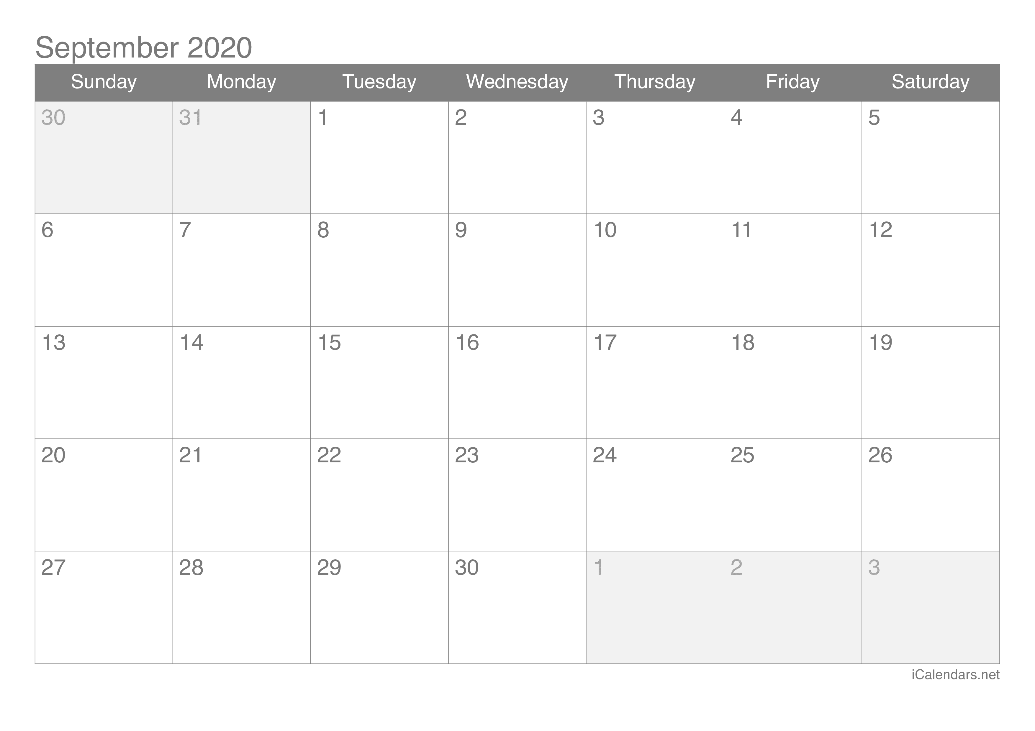 September 2020 Printable Calendar Icalendars Net
