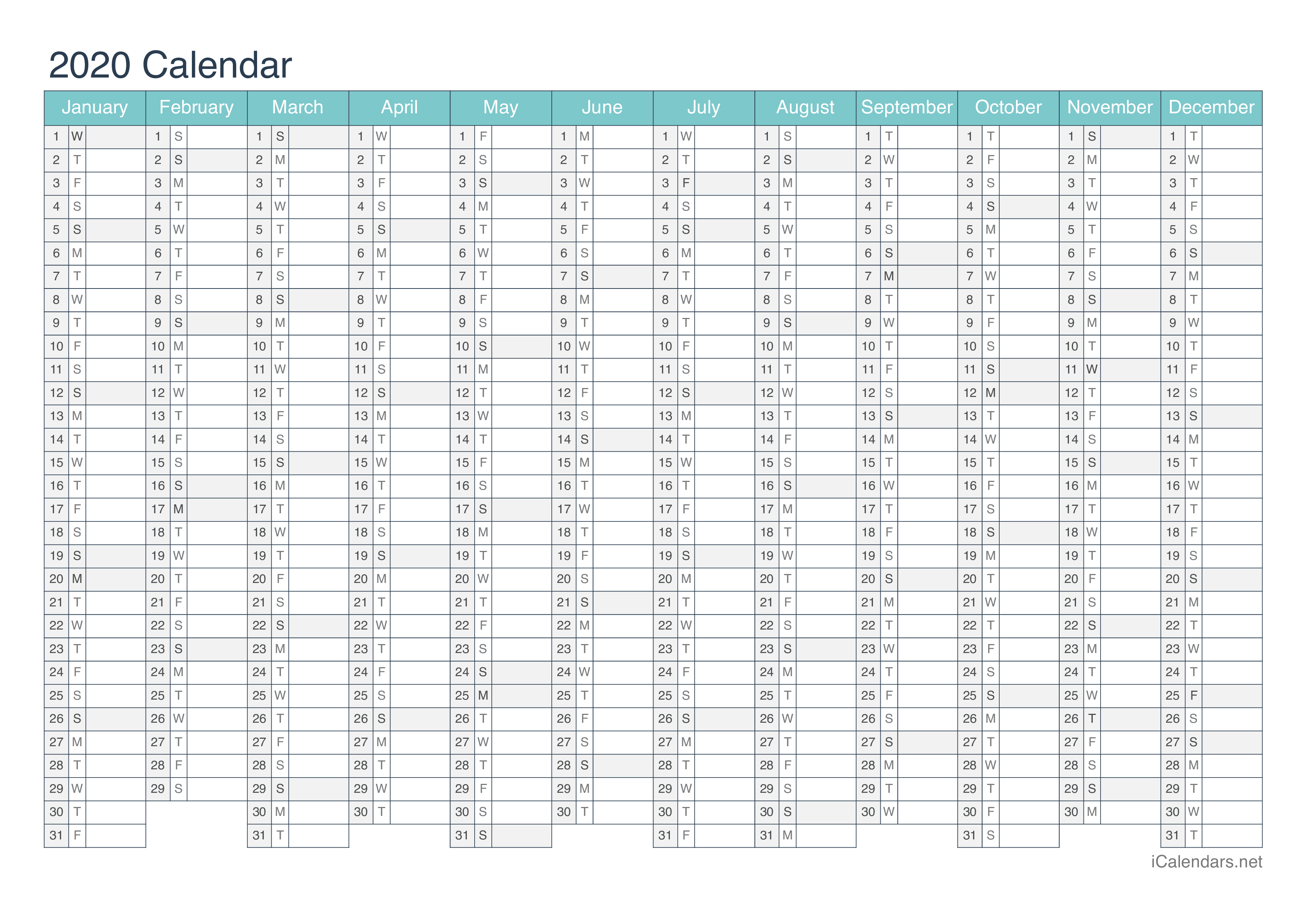 2020 Printable Calendar Pdf Or Excel Icalendars Net