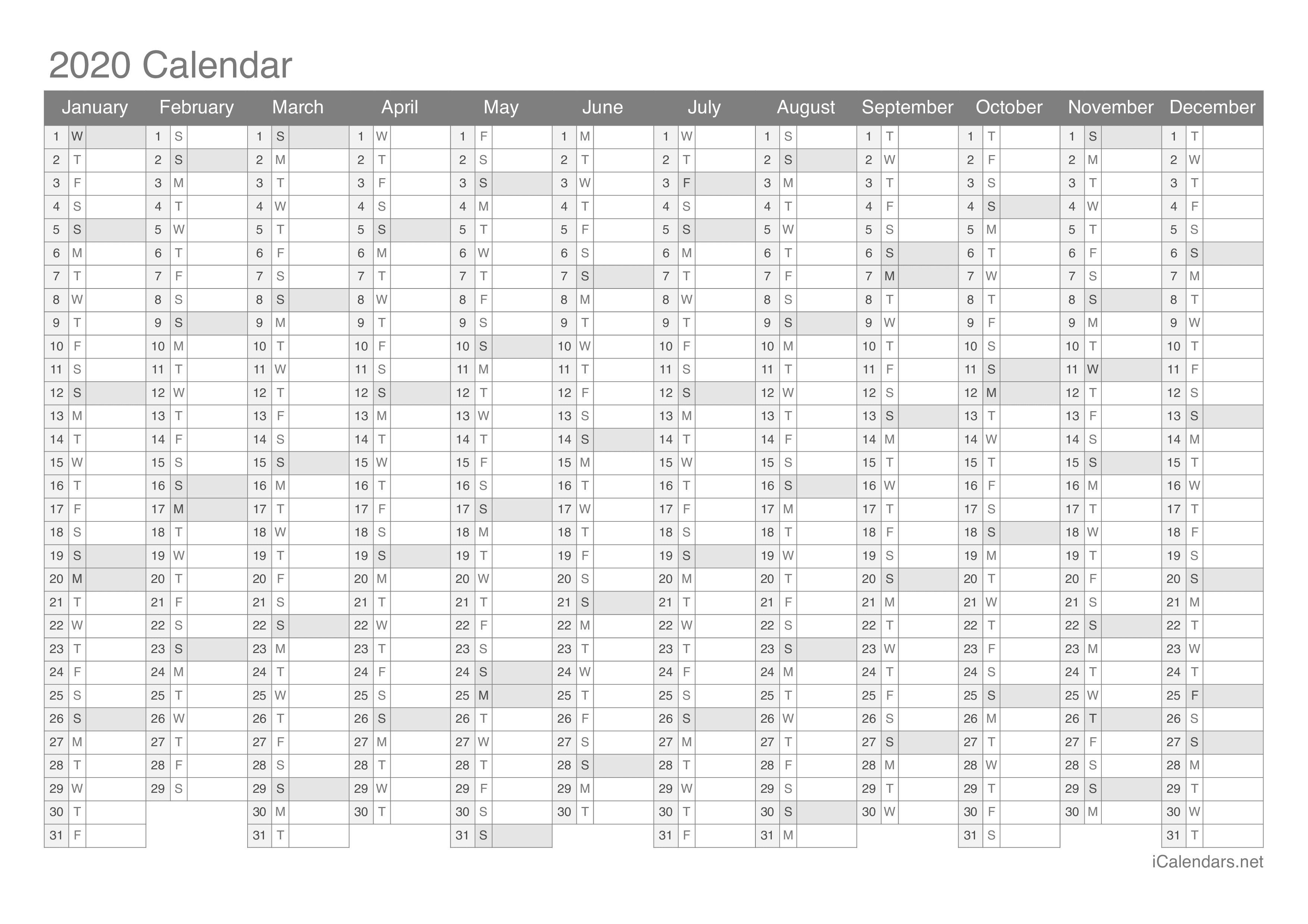 2020 Printable Calendar PDF Or Excel Icalendars