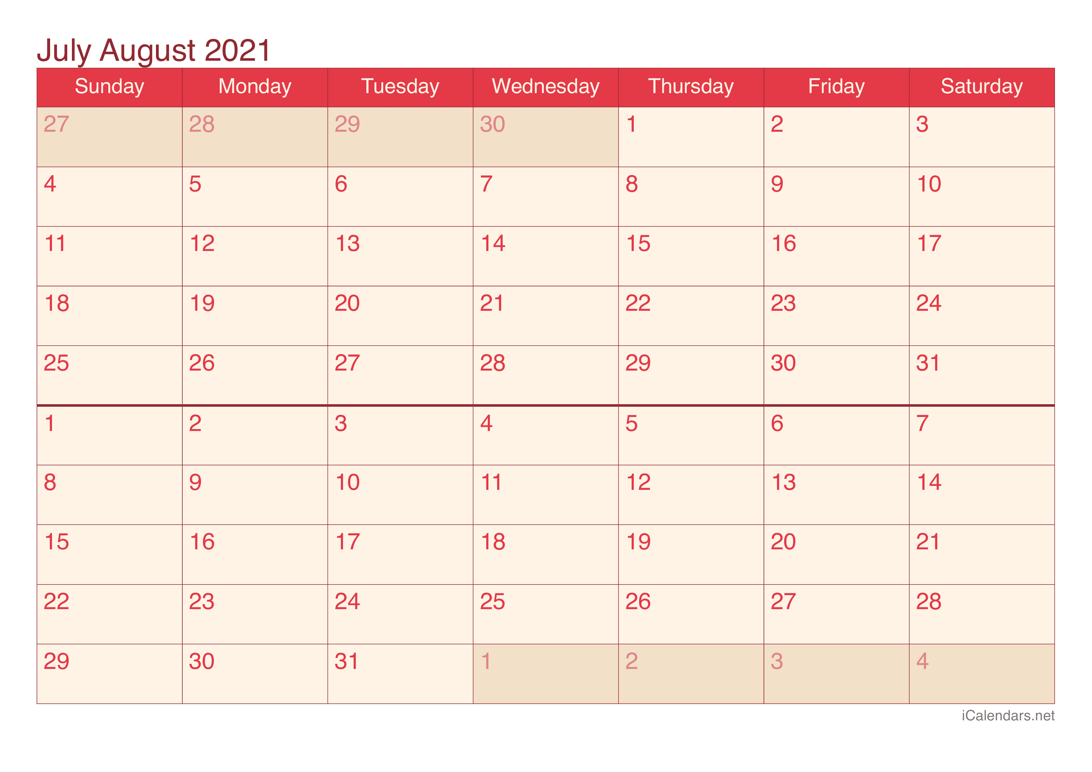 July and August 2021 Printable Calendar - icalendars.net