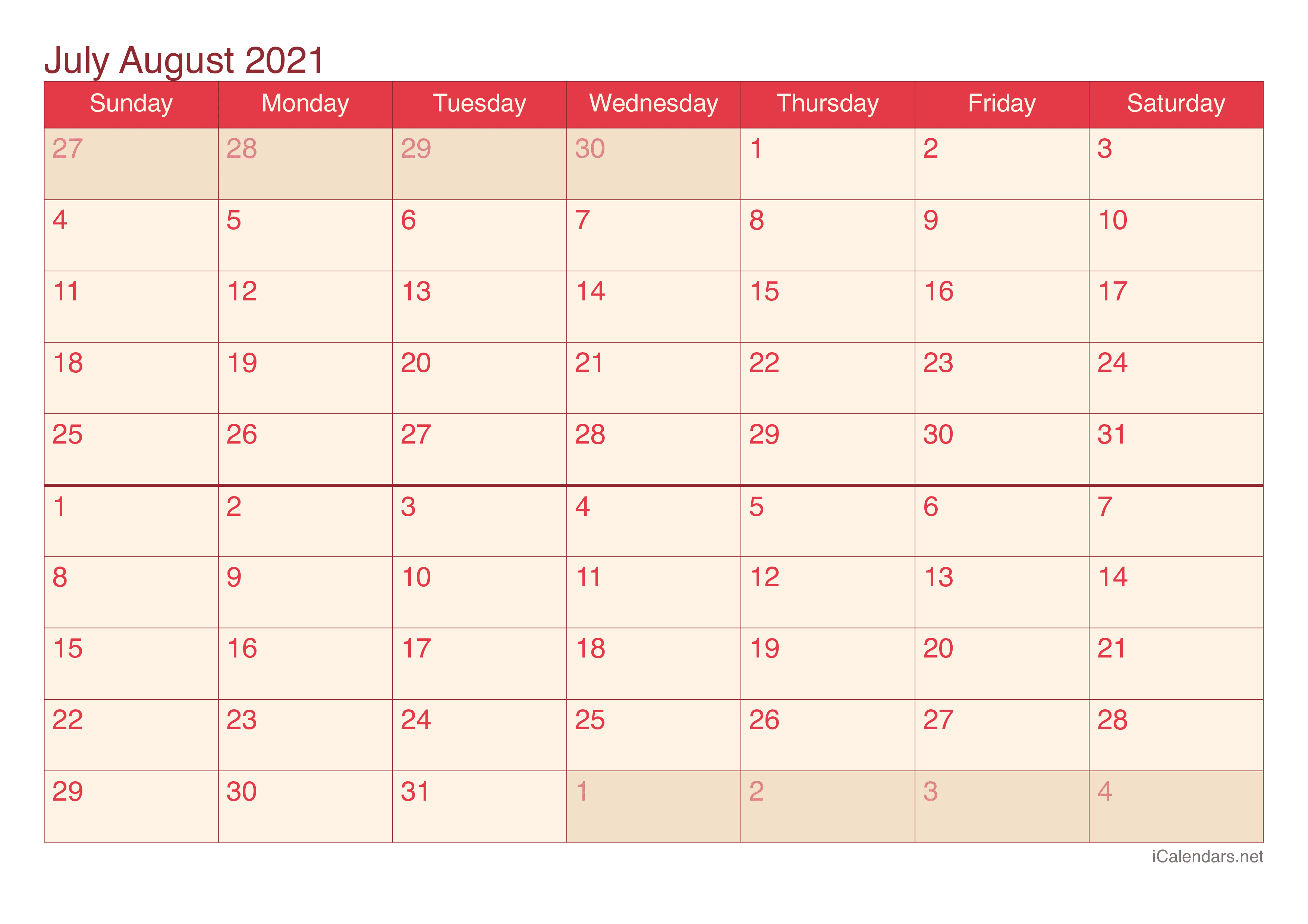 July And August 2021 Printable Calendar Icalendars