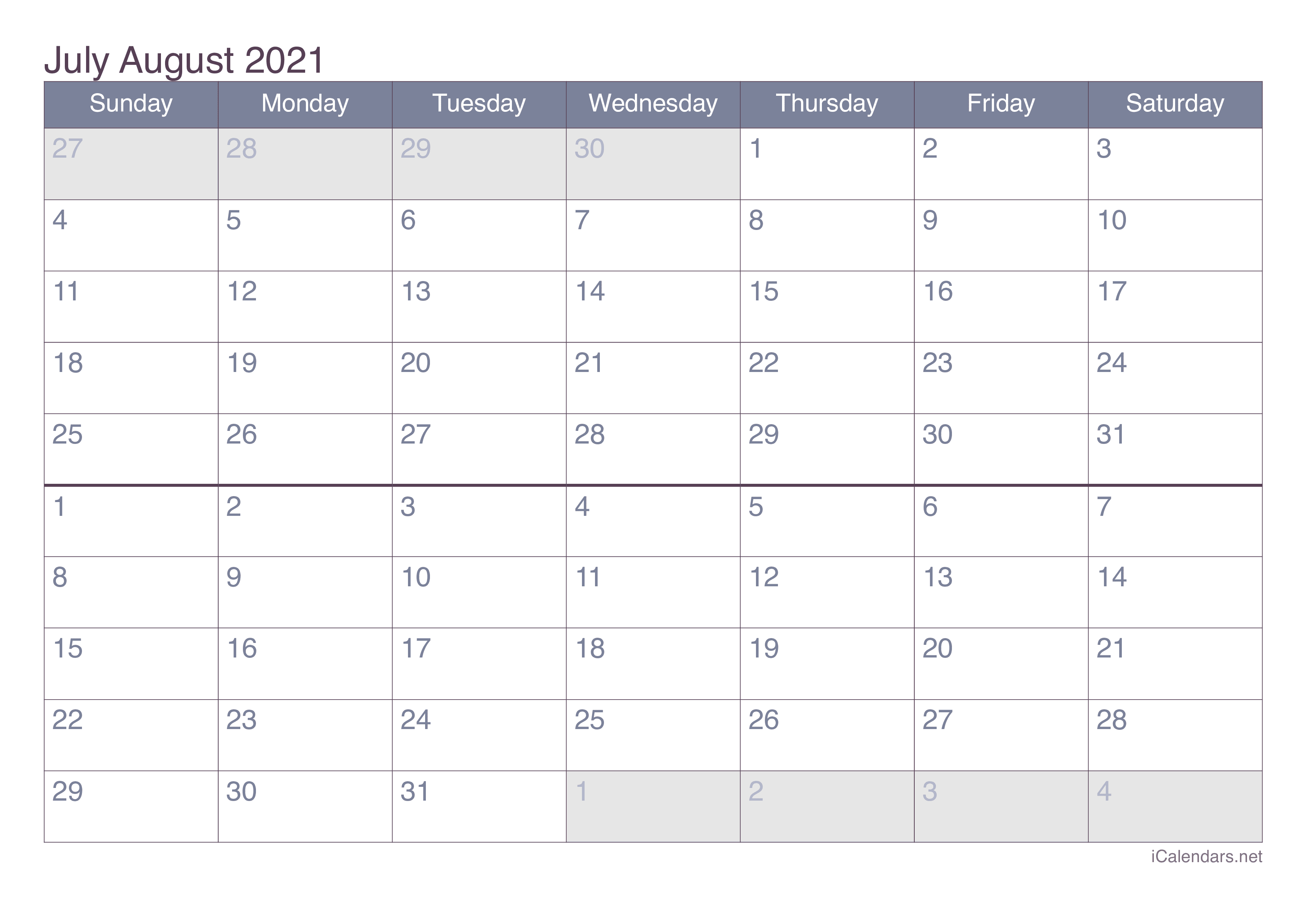 July And August 2021 Printable Calendar Icalendars Net