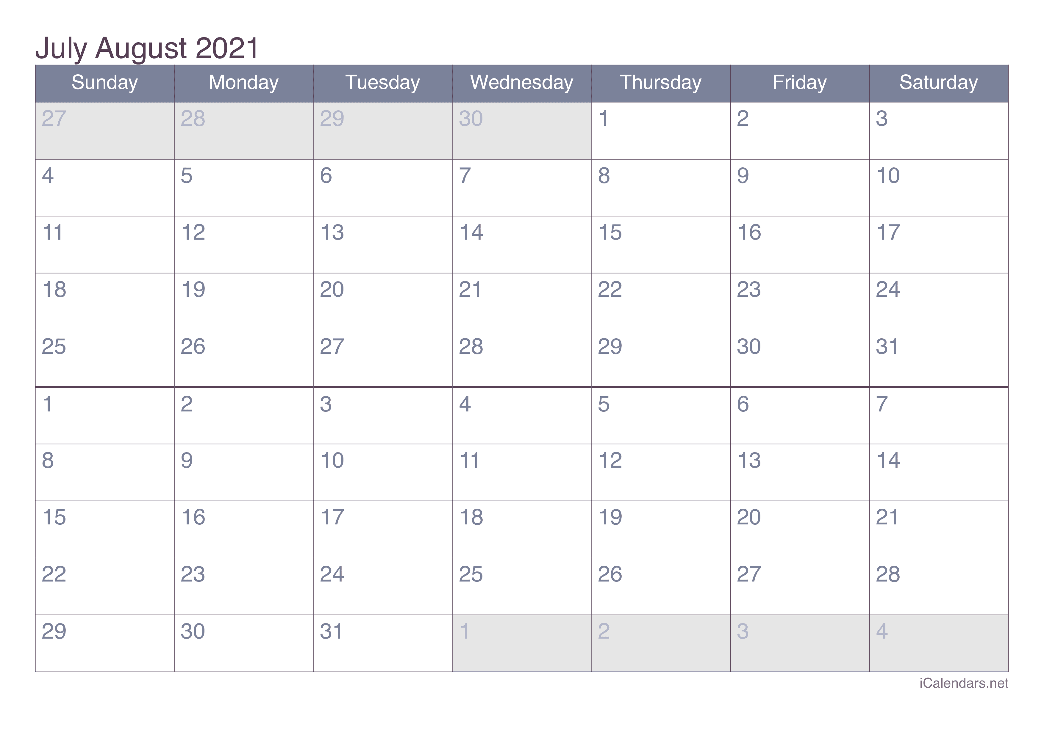 July And August 2021 Printable Calendar Icalendars