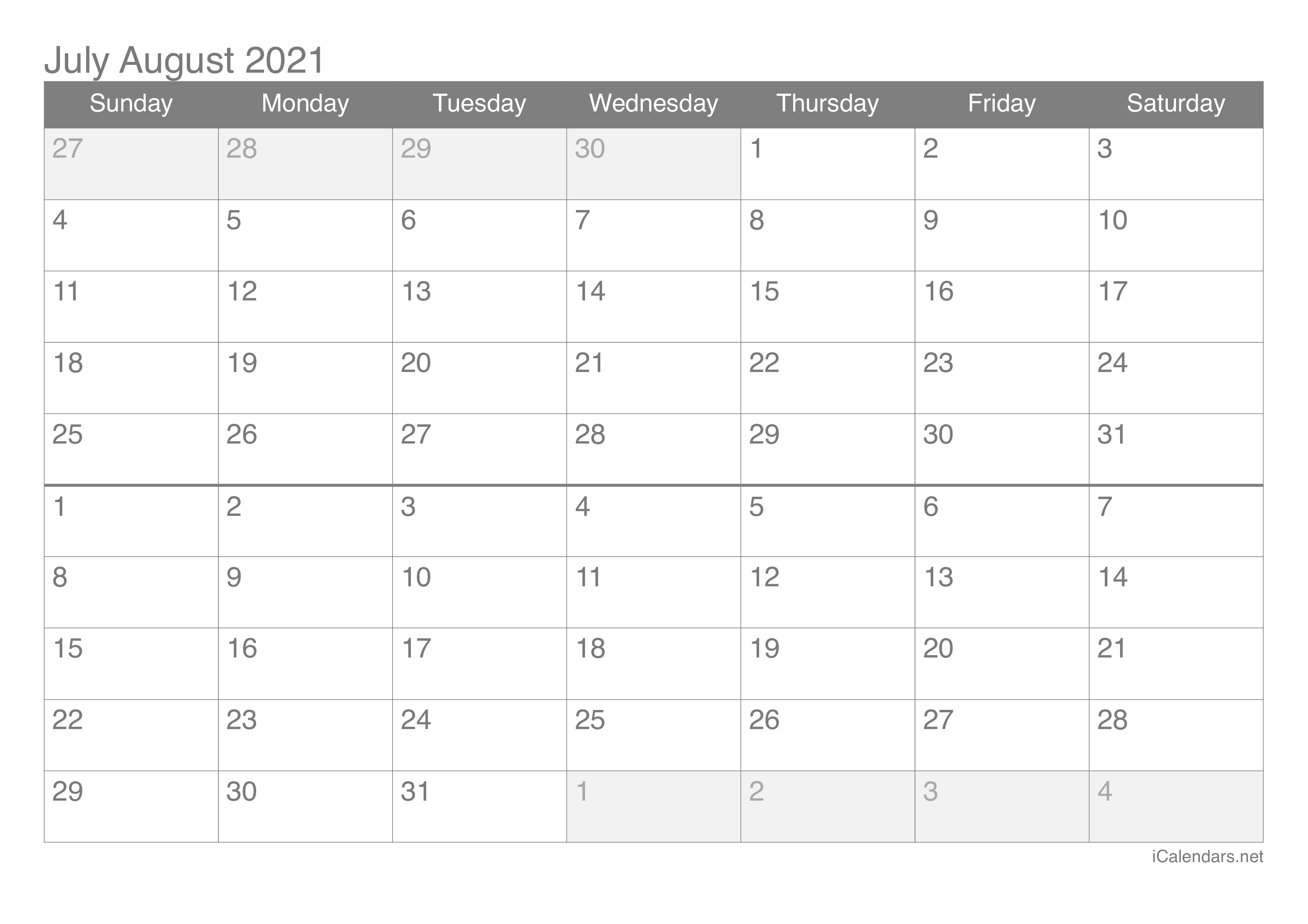 July And August 2021 Printable Calendar Icalendars