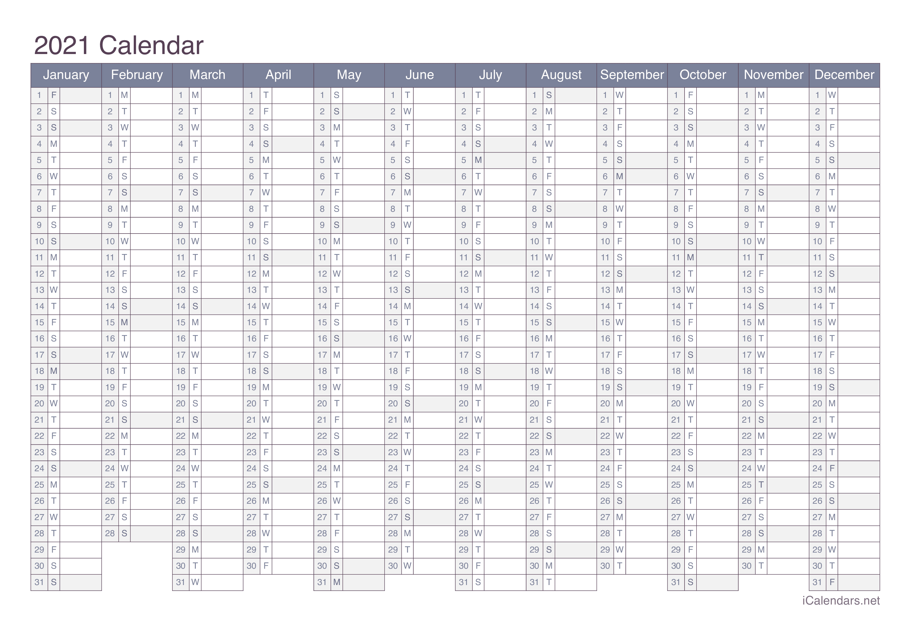 2021 Printable Calendar - PDF or Excel - icalendars.net