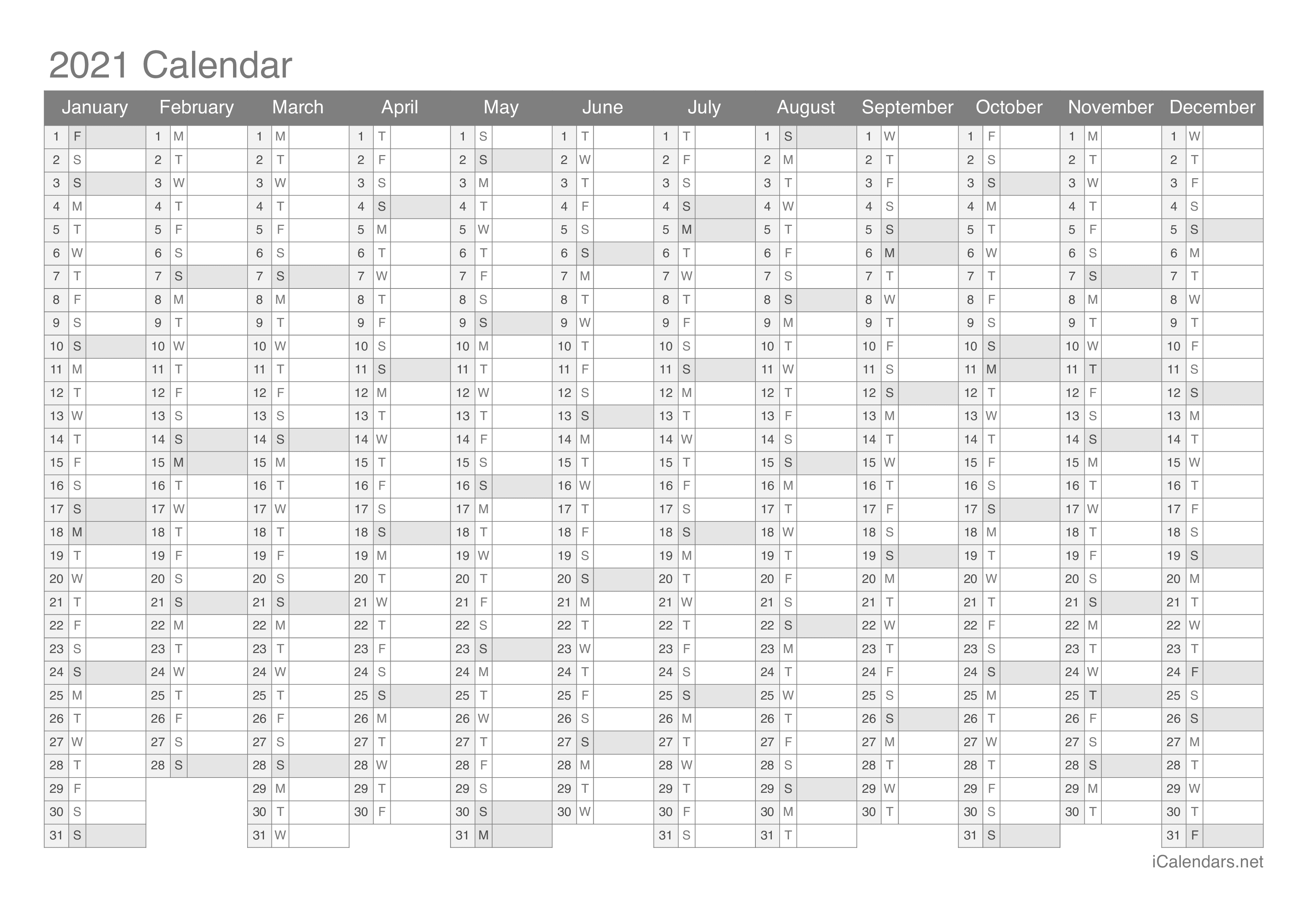 Yearly Calendar 2021 Printable 2021 Printable Calendar   PDF or Excel   icalendars.net