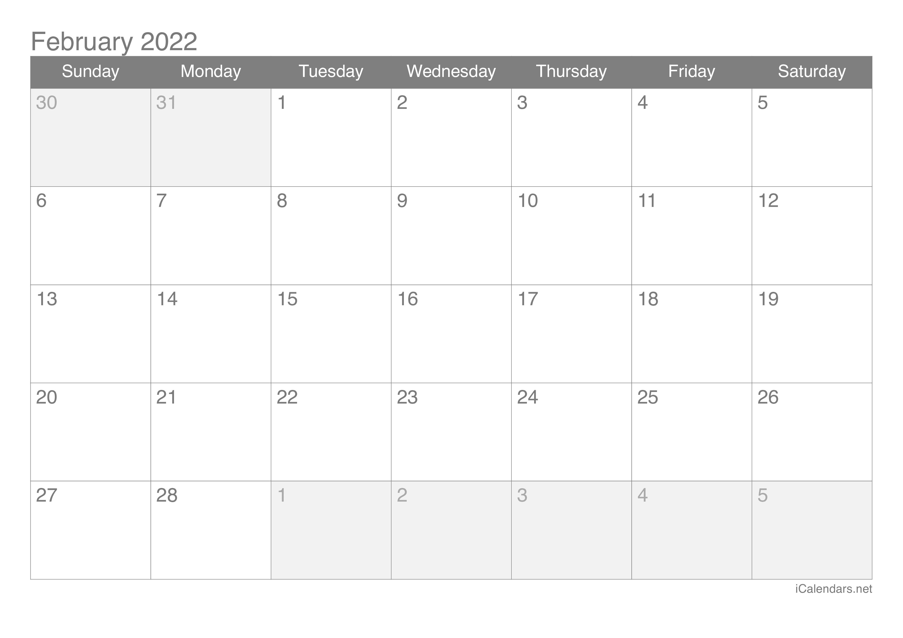 Print Calendar February 2022 February 2022 Printable Calendar - Icalendars.net