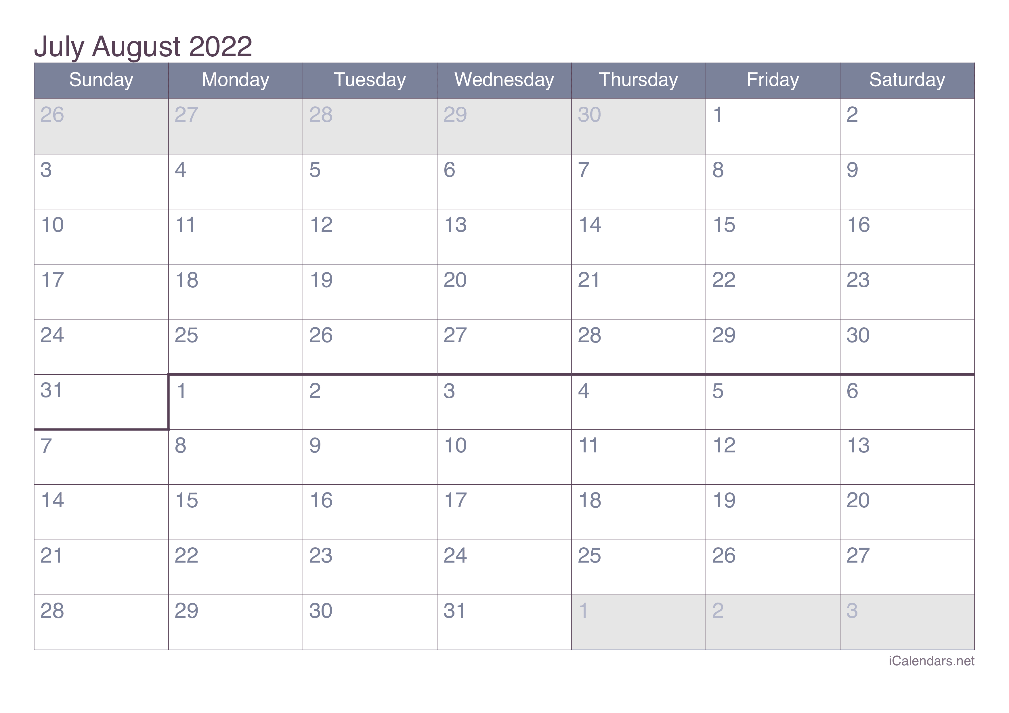 June And July Calendar 2022 July And August 2022 Printable Calendar - Icalendars.net