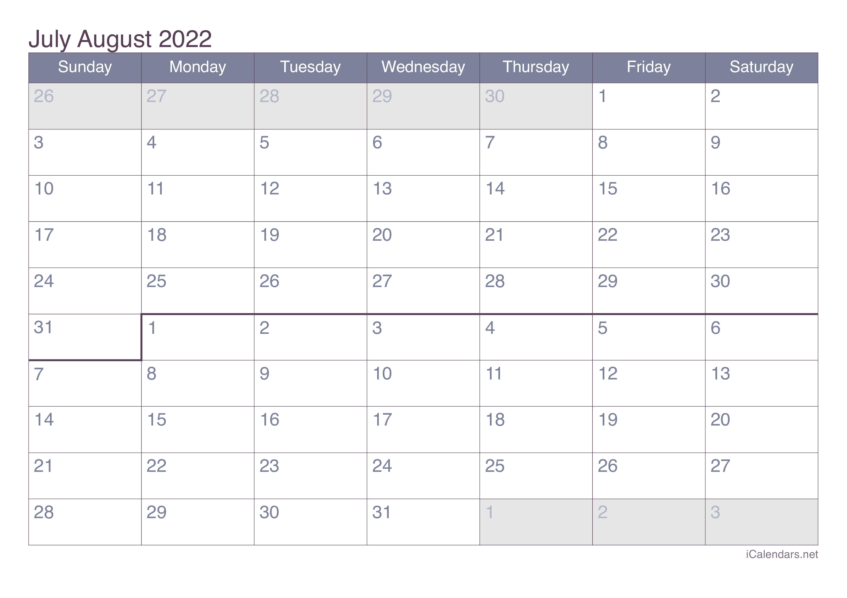 July And August 2022 Printable Calendar Icalendars