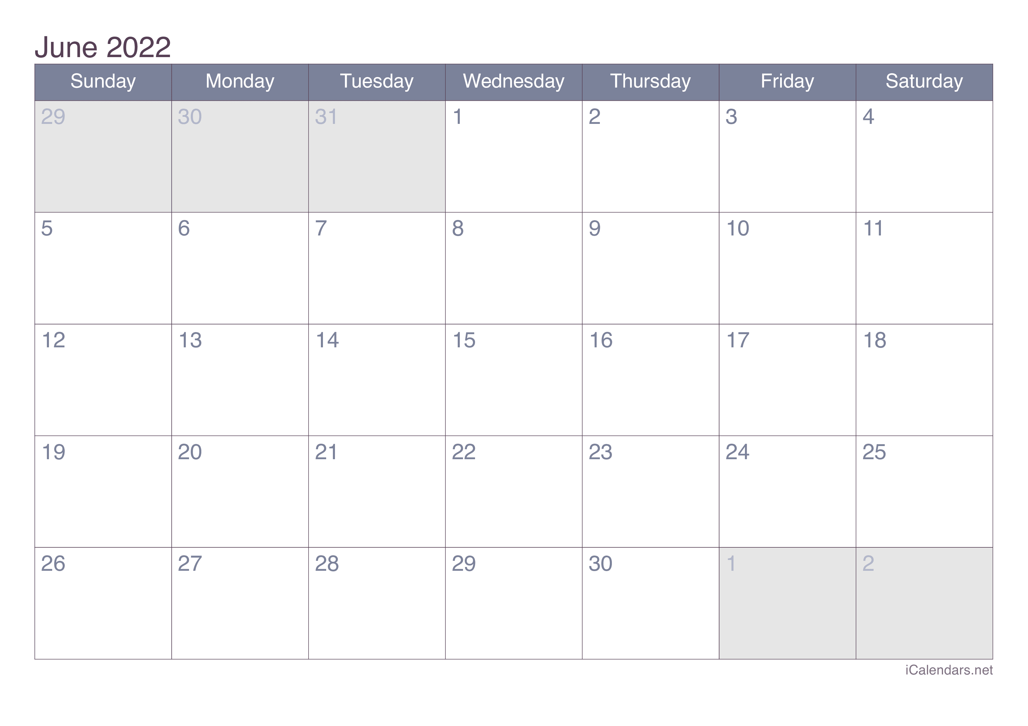 June 2022 Printable Calendar - icalendars.net