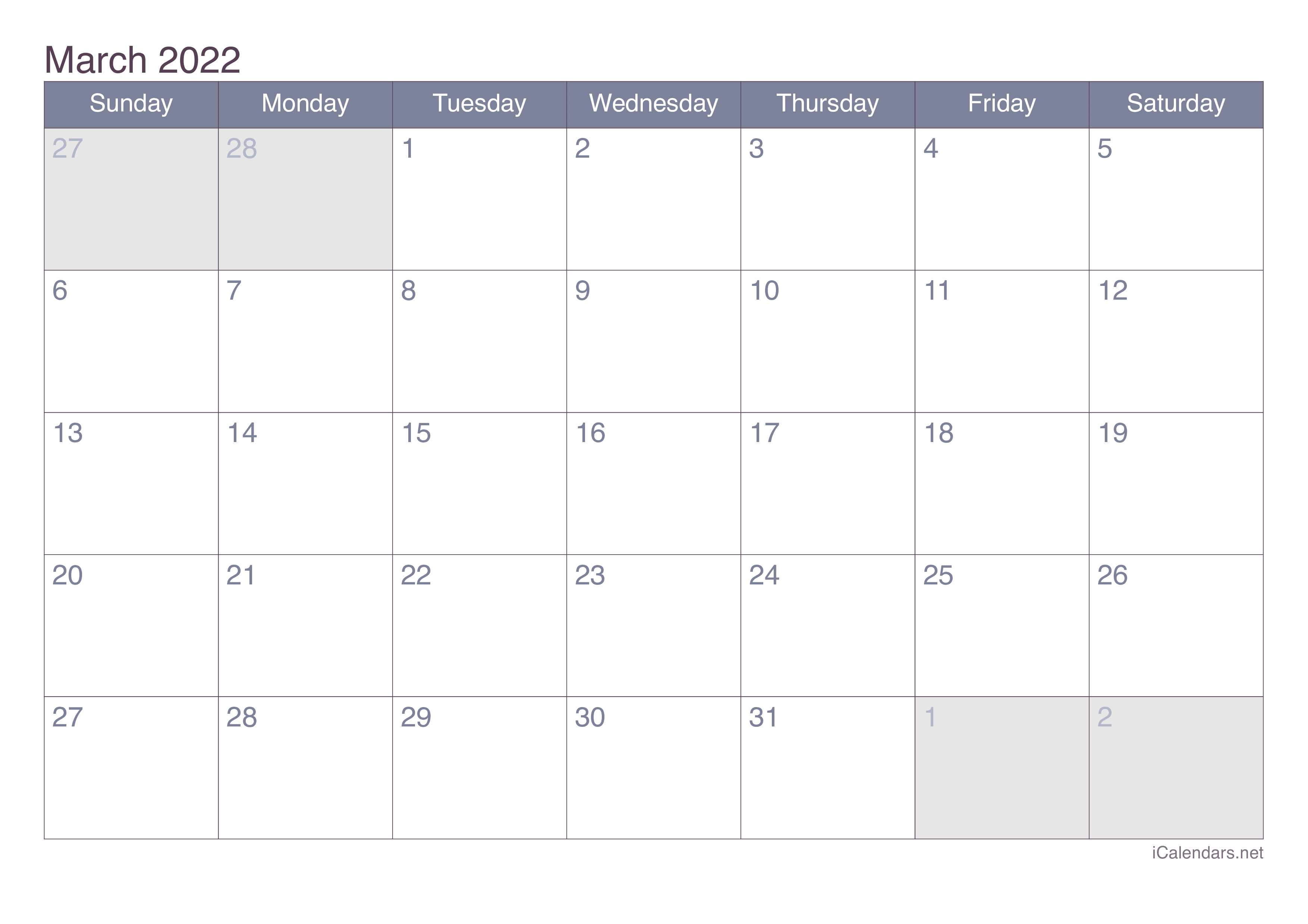 Print March 2022 Calendar March 2022 Printable Calendar - Icalendars.net