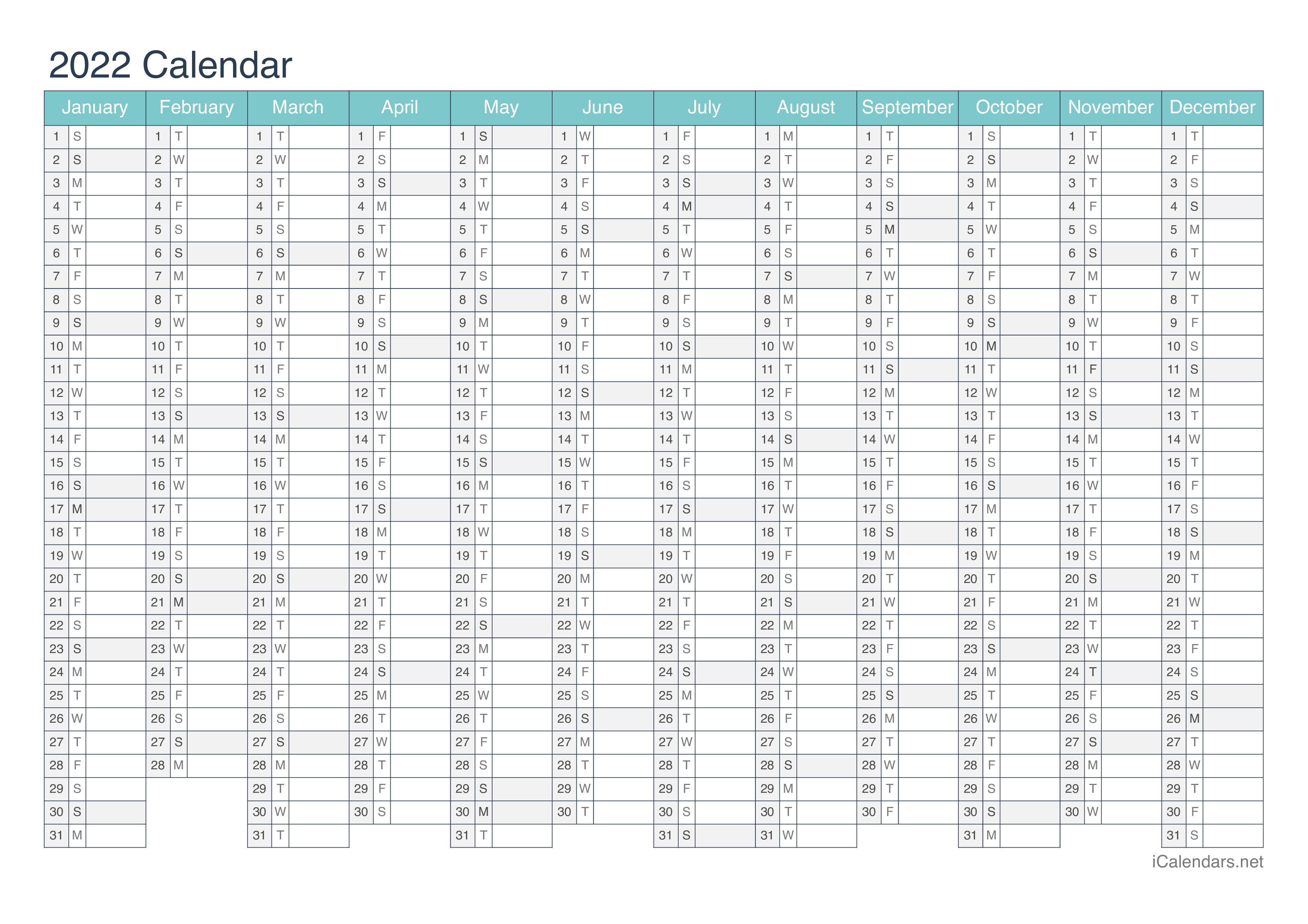 2022 52 Week Calendar Excel 2022 Printable Calendar - Pdf Or Excel - Icalendars.net
