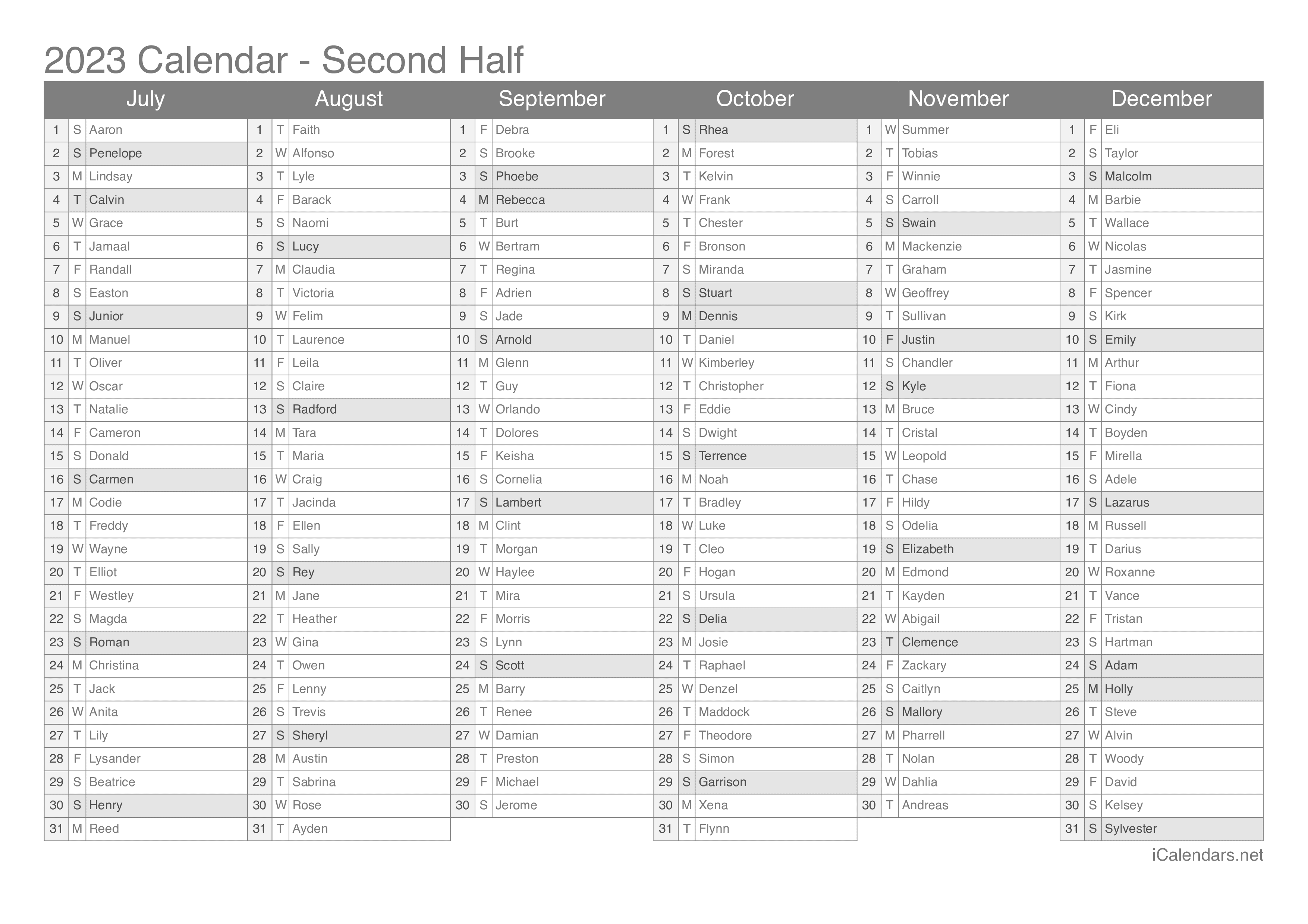 Half Year Calendar 2023 Printable Free