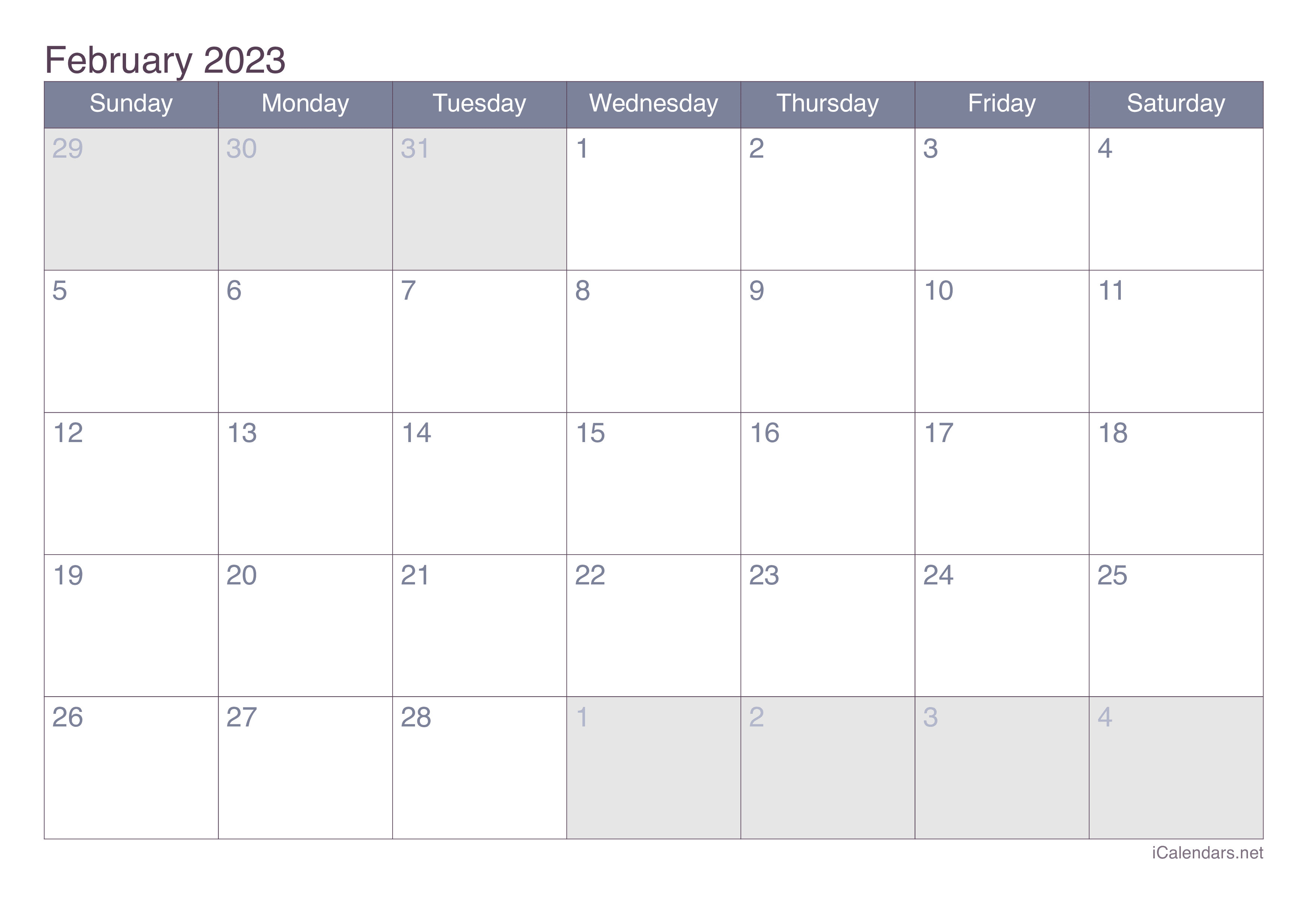 February 2023 Printable Calendar Icalendars
