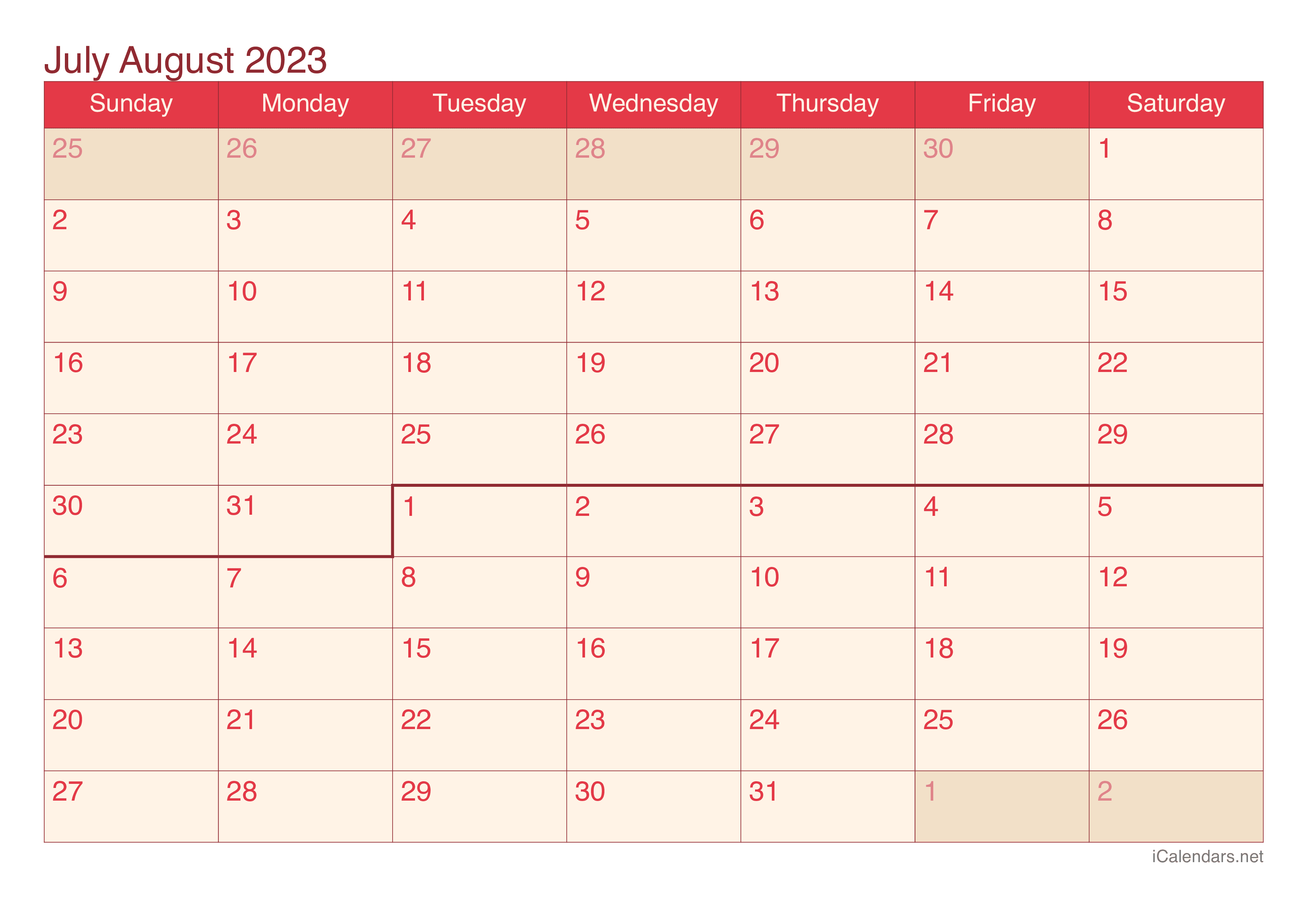 July August Calendar 2023 Printable Free