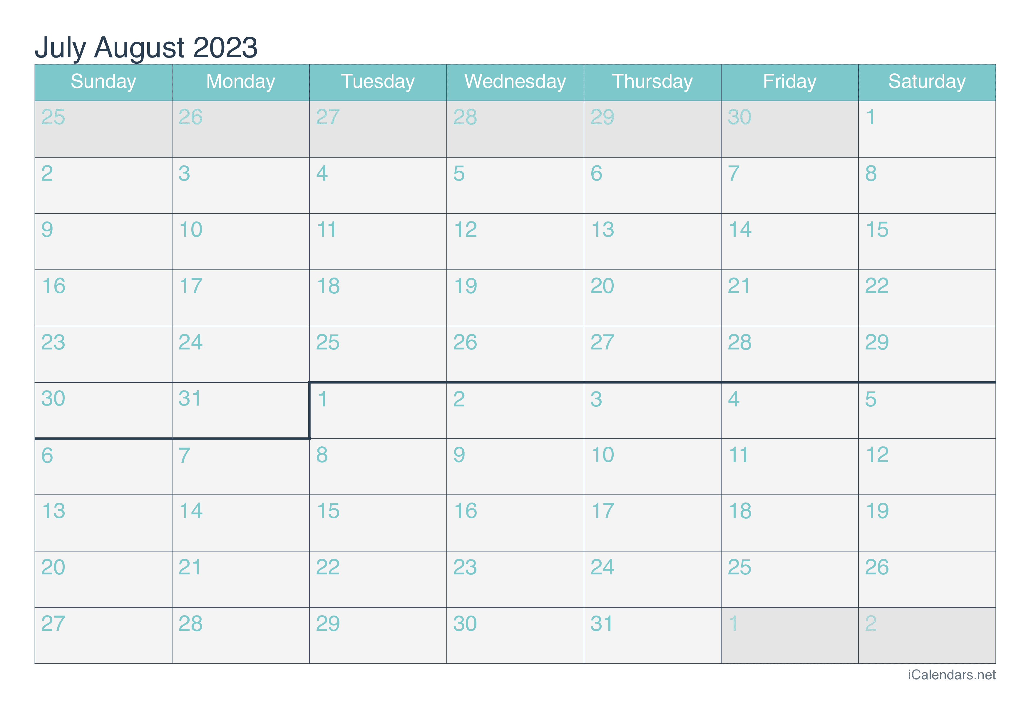 July and August 2023 Printable Calendar icalendars net