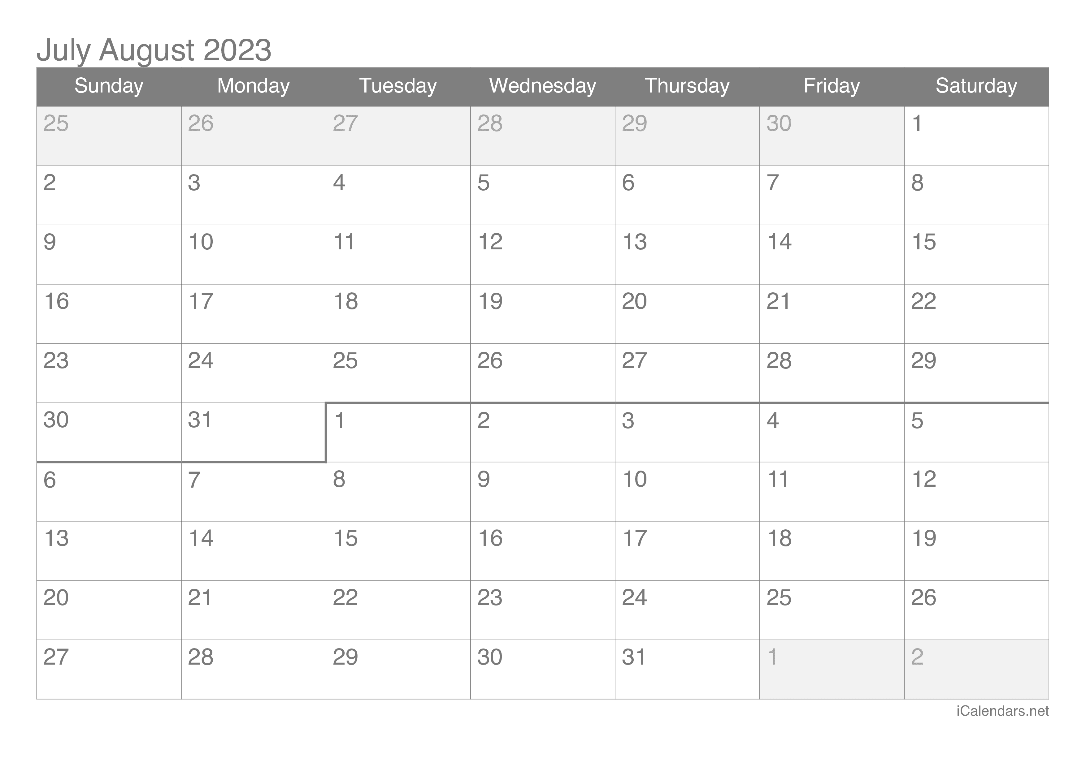 July and August 2023 Printable Calendar - icalendars.net