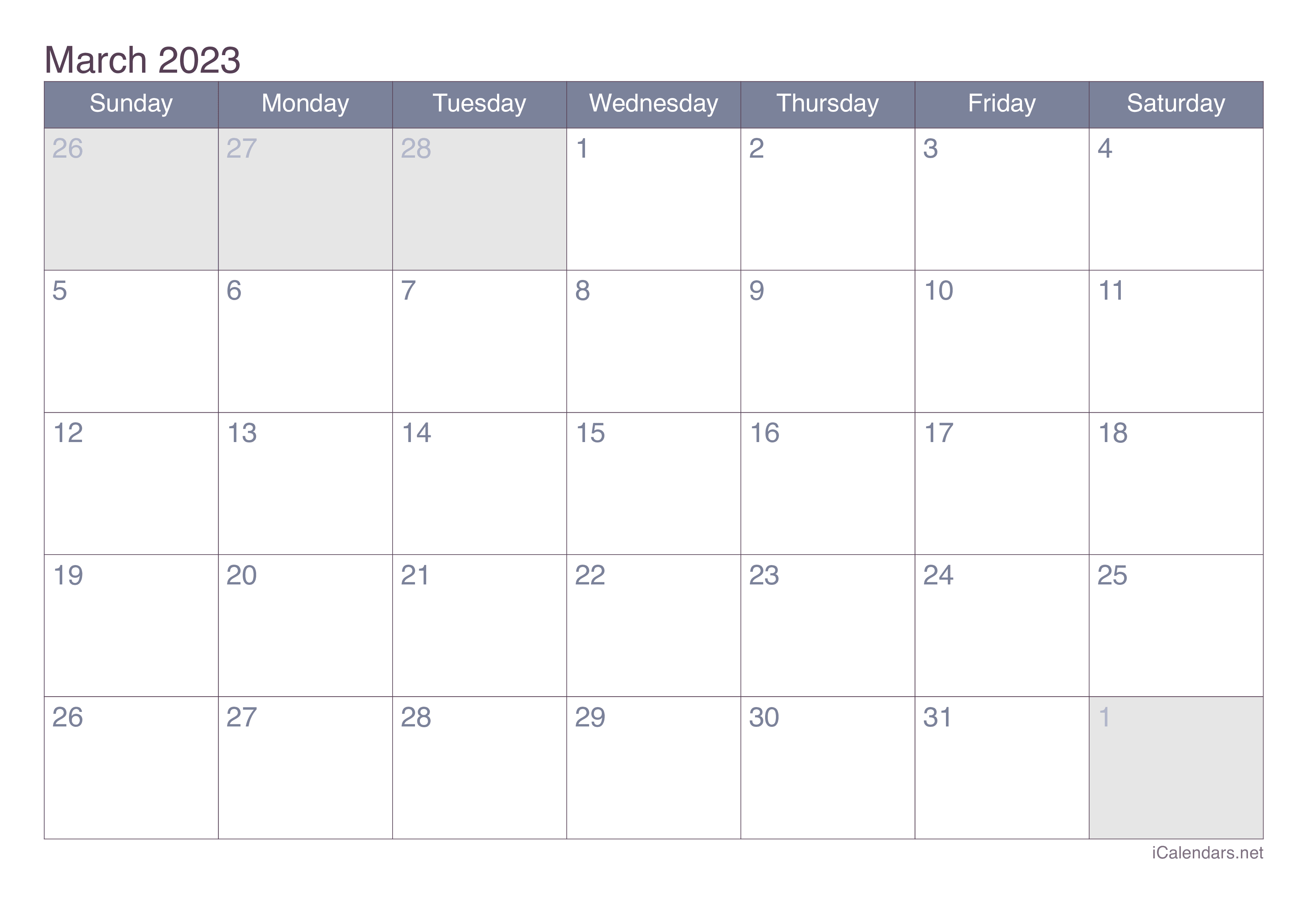 March 2023 Printable Calendar Icalendars