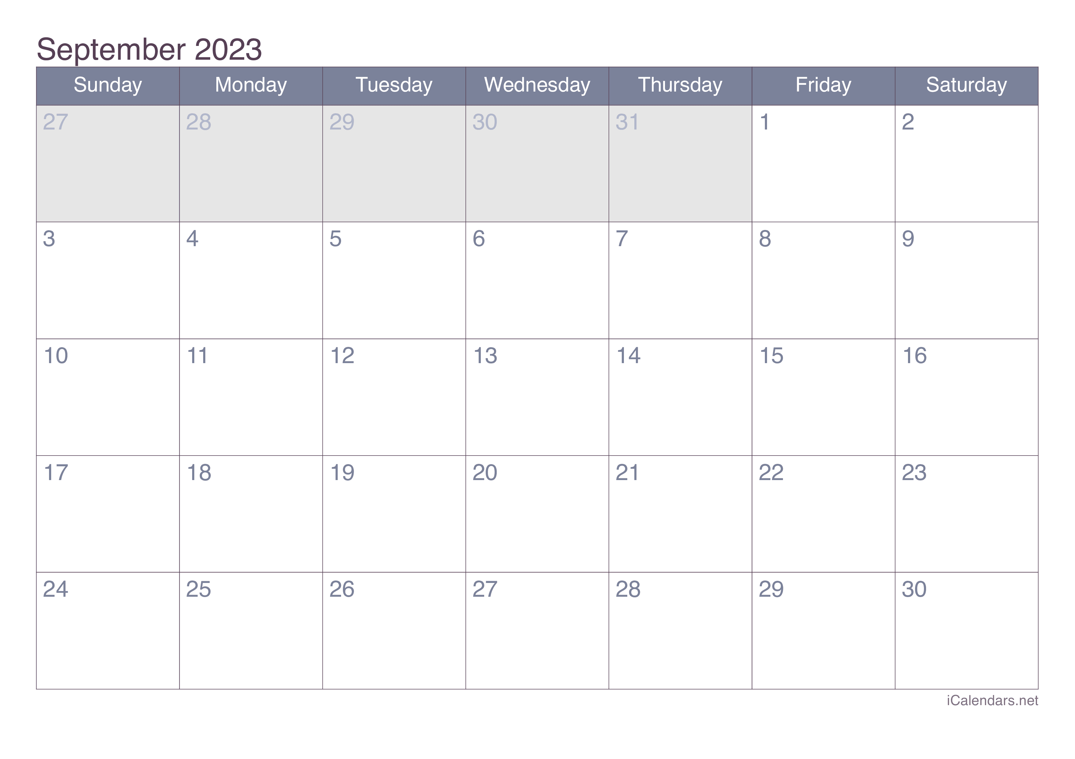 September 2023 Printable Calendar Icalendars