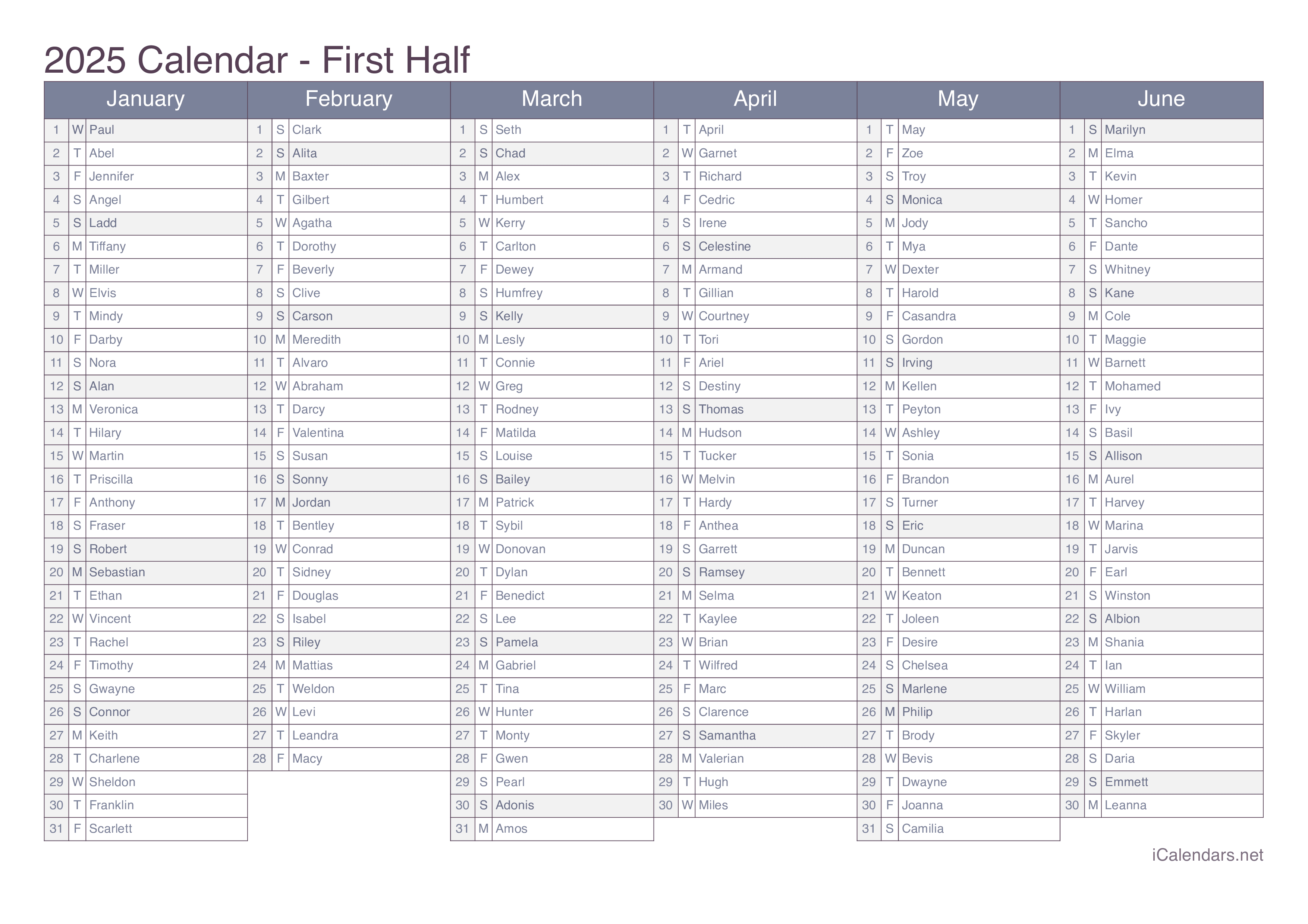 2025 Printable Calendar PDF or Excel