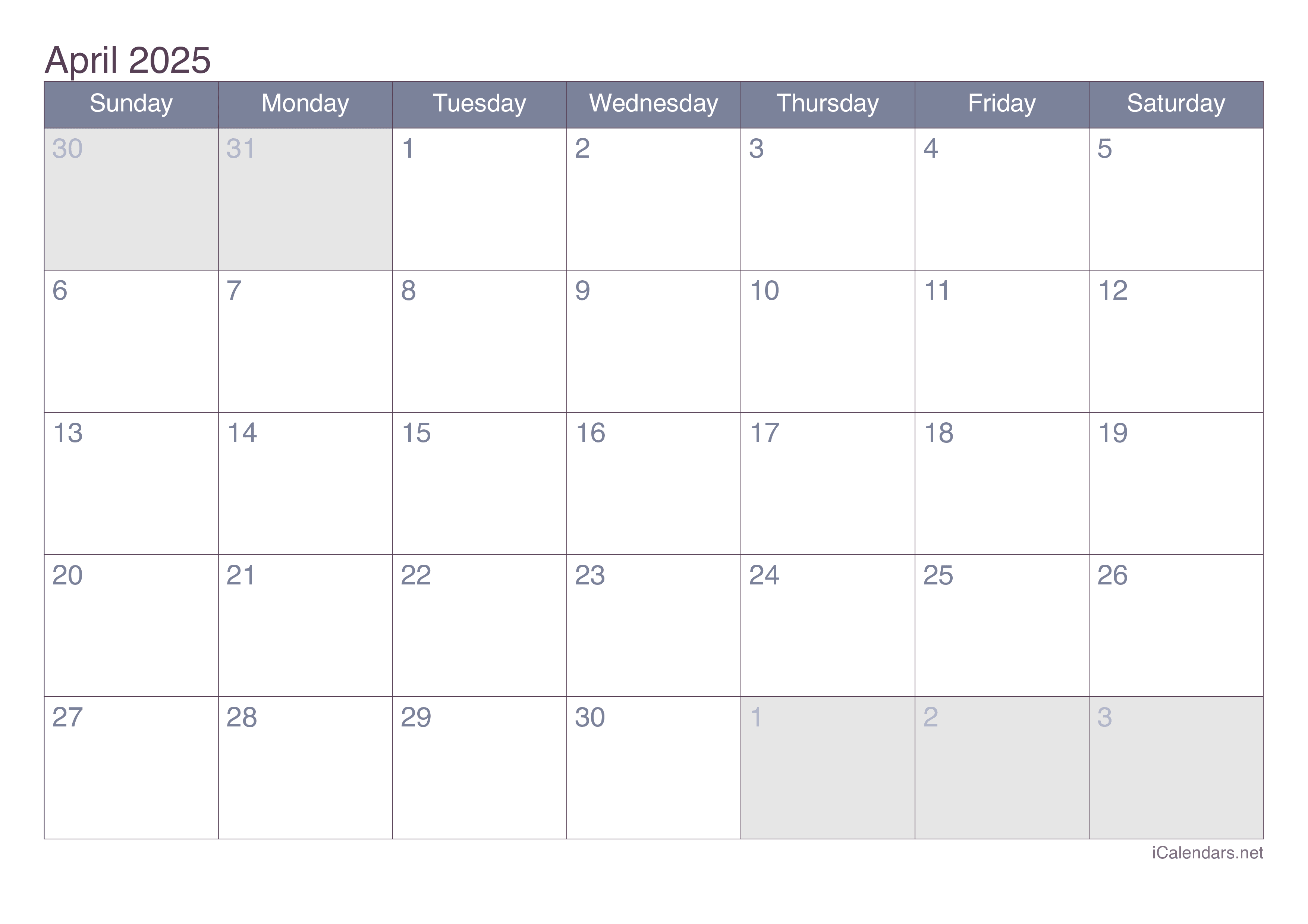 April 2025 Printable Calendar