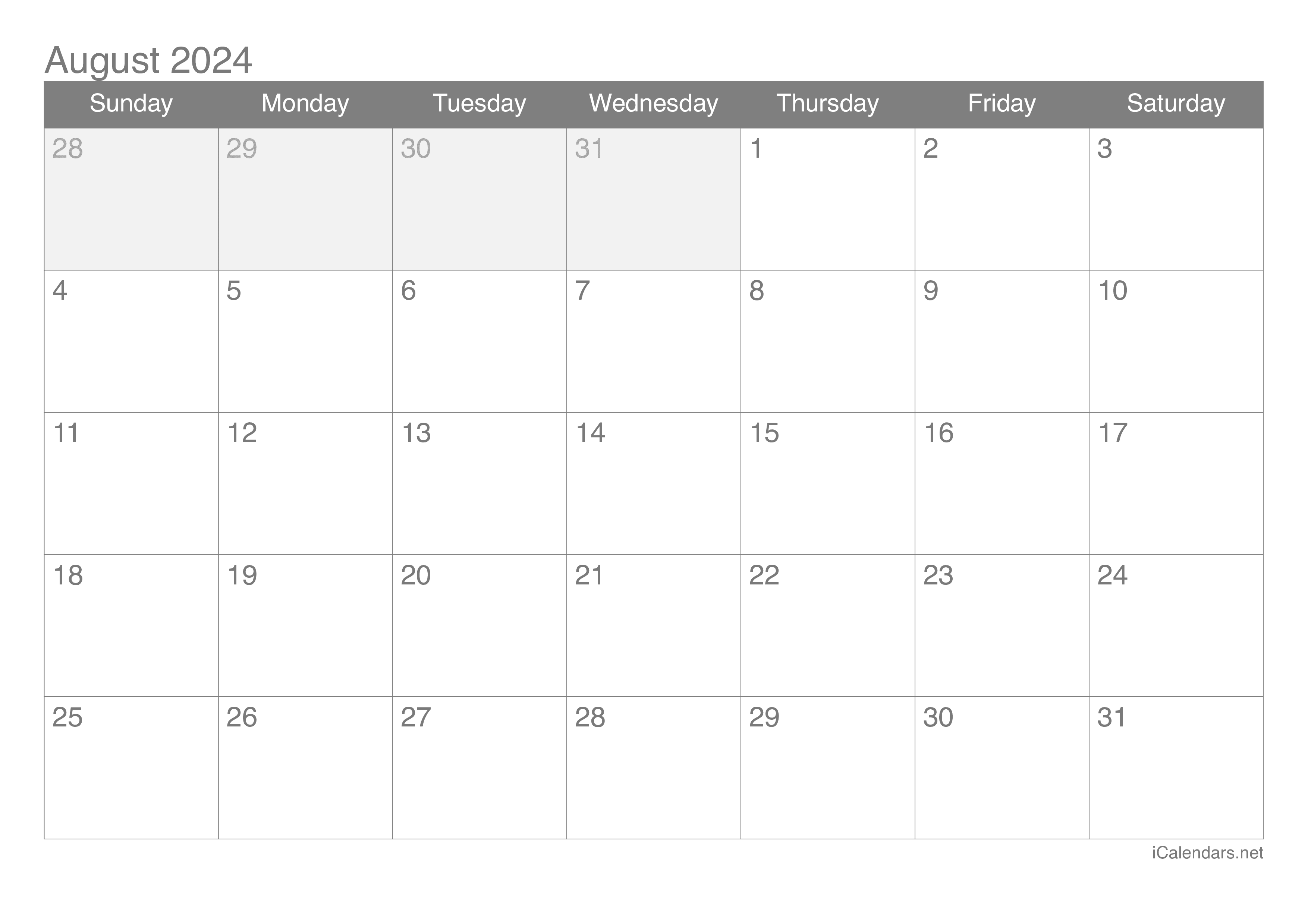 2025 August Calendar Printable Free Excel Online