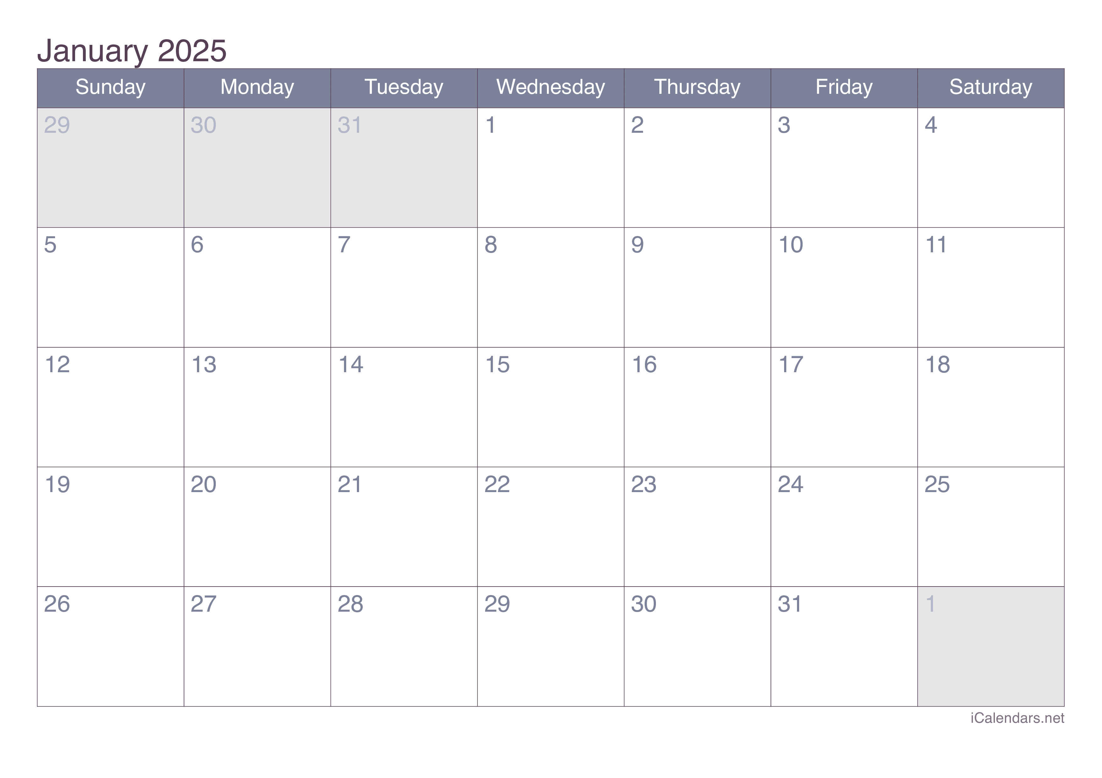 January 2025 Printable Calendar