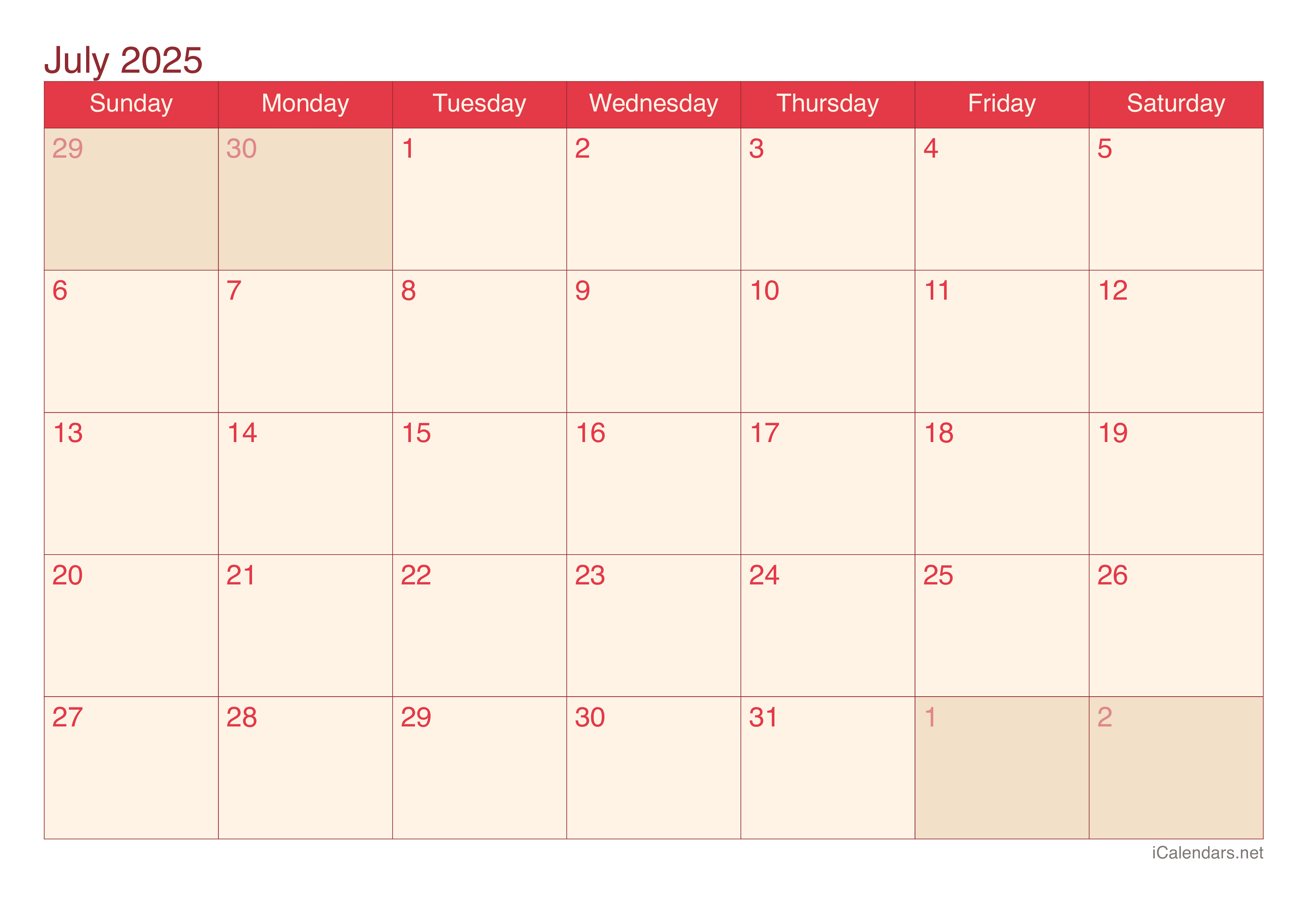July 2025 Printable Calendar