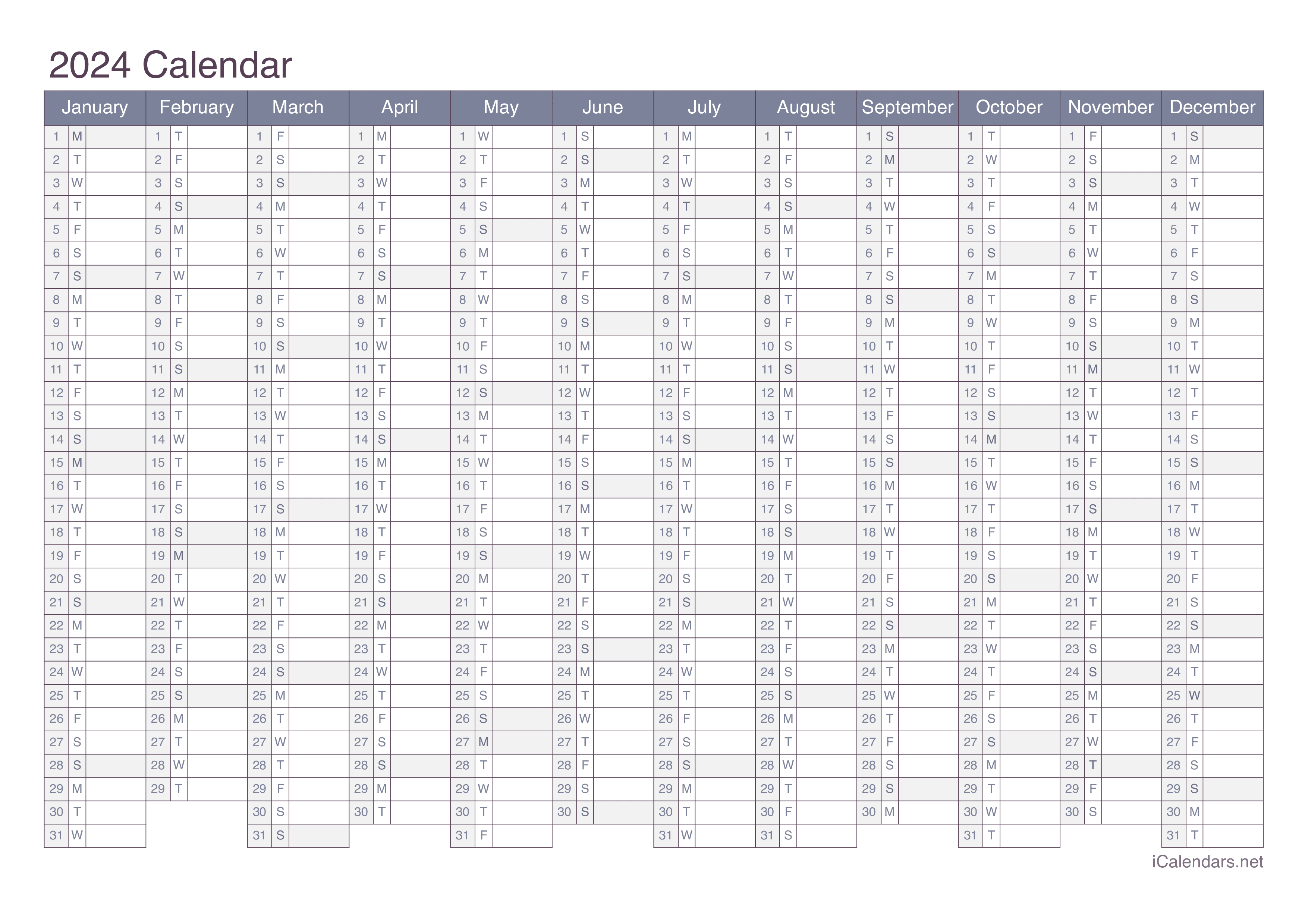 2024 Printable Calendar PDF or Excel