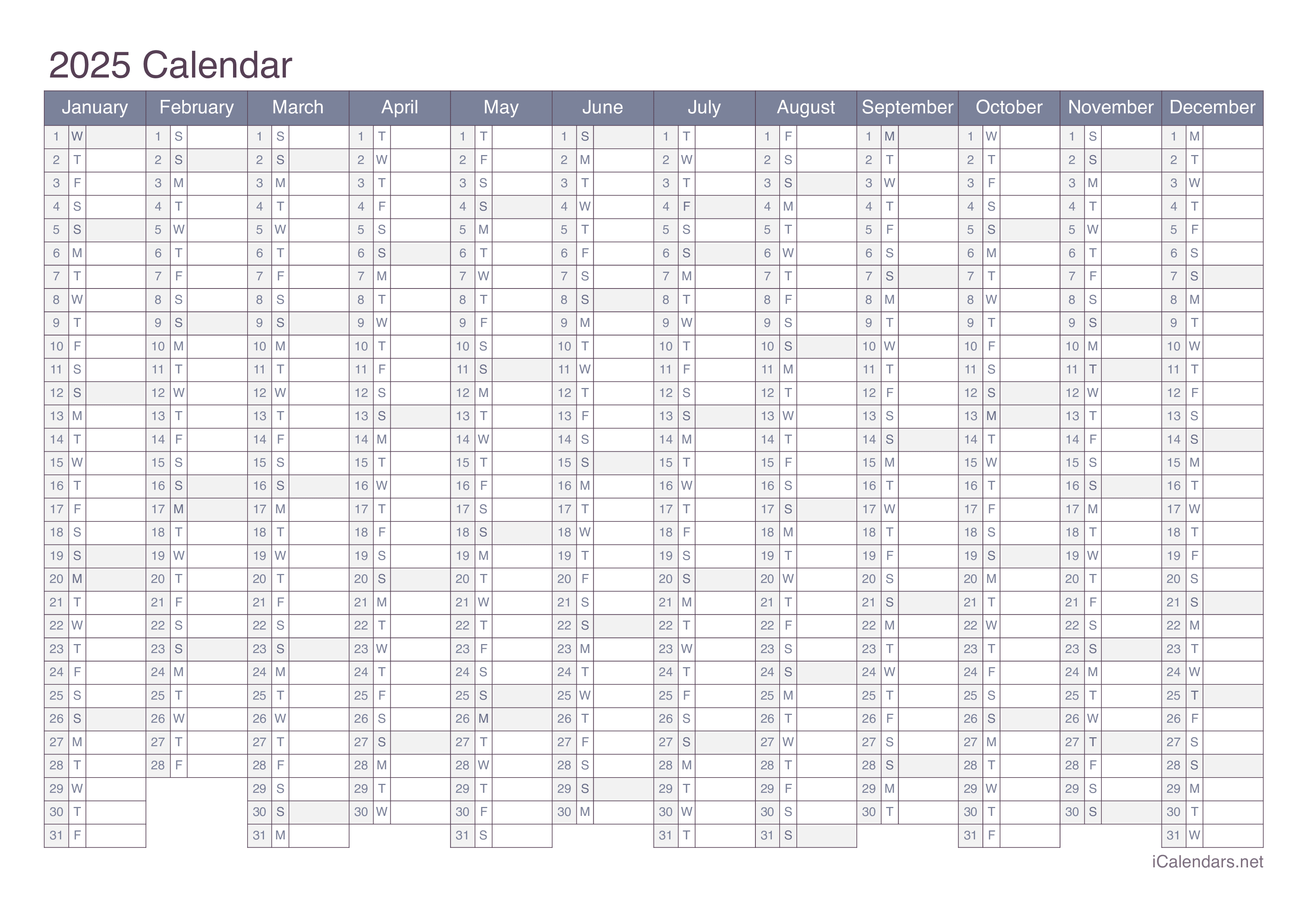 2025 Printable Calendar PDF or Excel