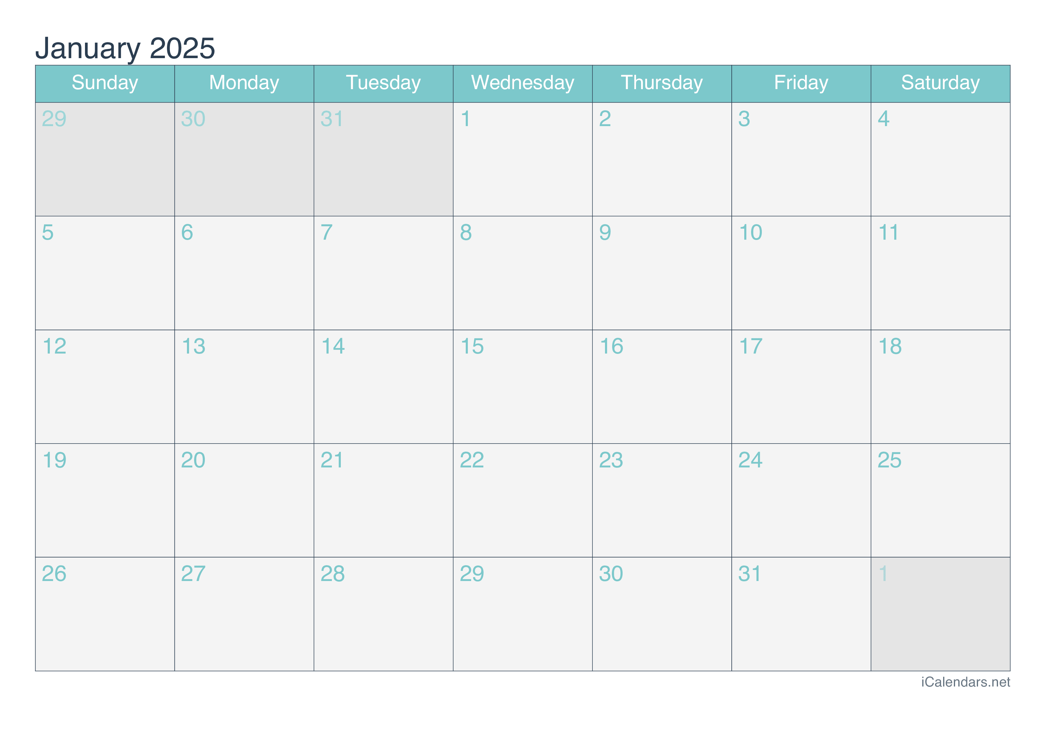 2025 Monthly Calendar - Turquoise